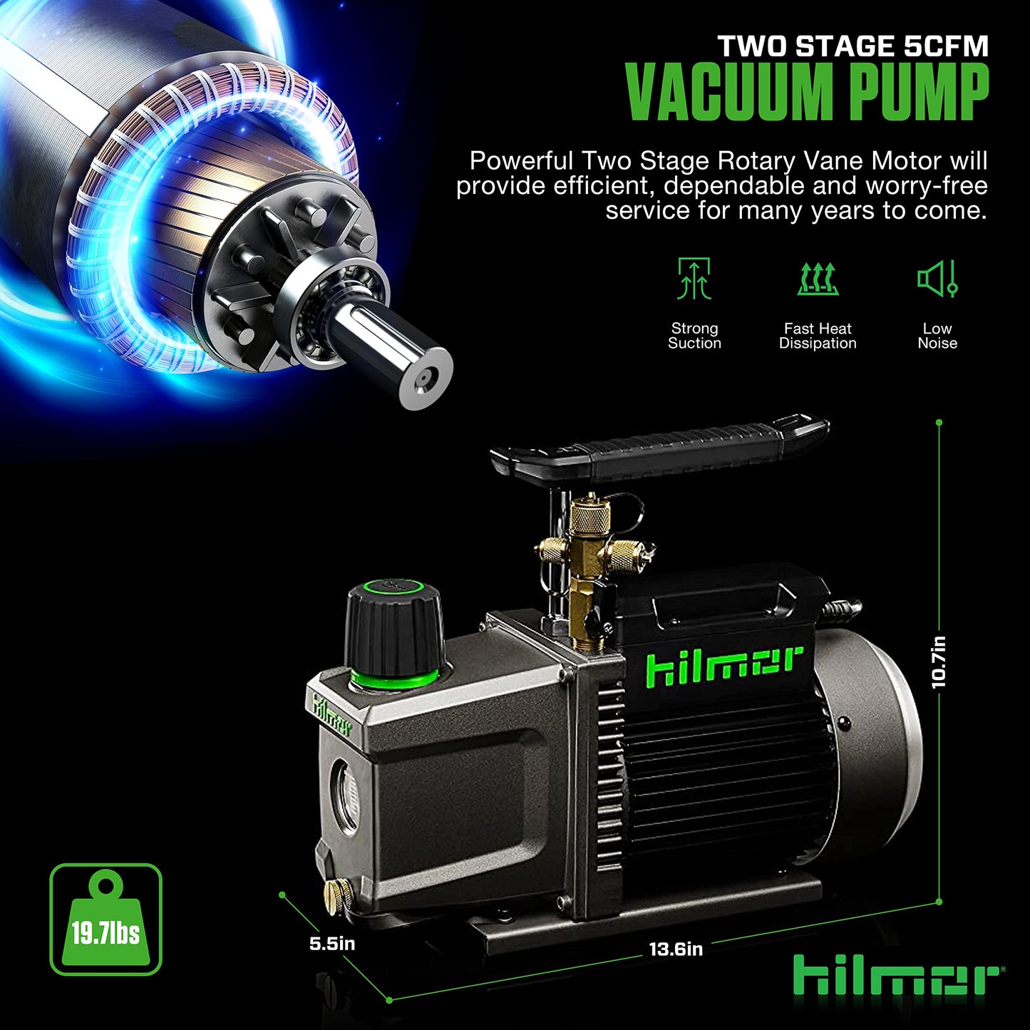 hilmor BVP2CFM 2CFM Battery Powered Vacuum Pump for HVAC Tools and Equipment, 9Ah 18 Volts, 1/2 Horsepower, 11 oz. Oil Capacity A2L Compliant