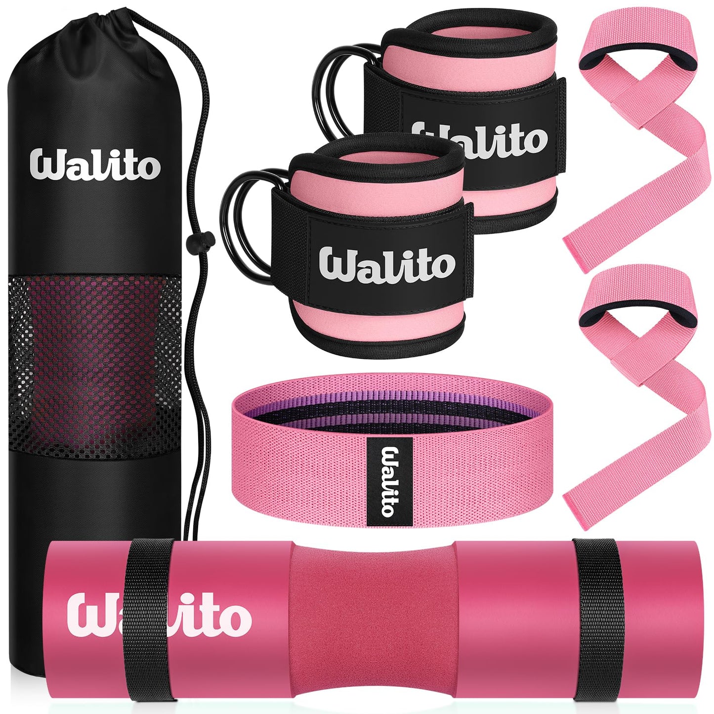 WALITO 8Pcs Barbell Pad Set for Hip Thrust - Squat Pad,Gym Accessories for Women with Bar Bad,Bench Press, with Gym Ankle Straps,Resistance Bands for Working Out,Lifting Strap,Carry Bag (1-Pink)
