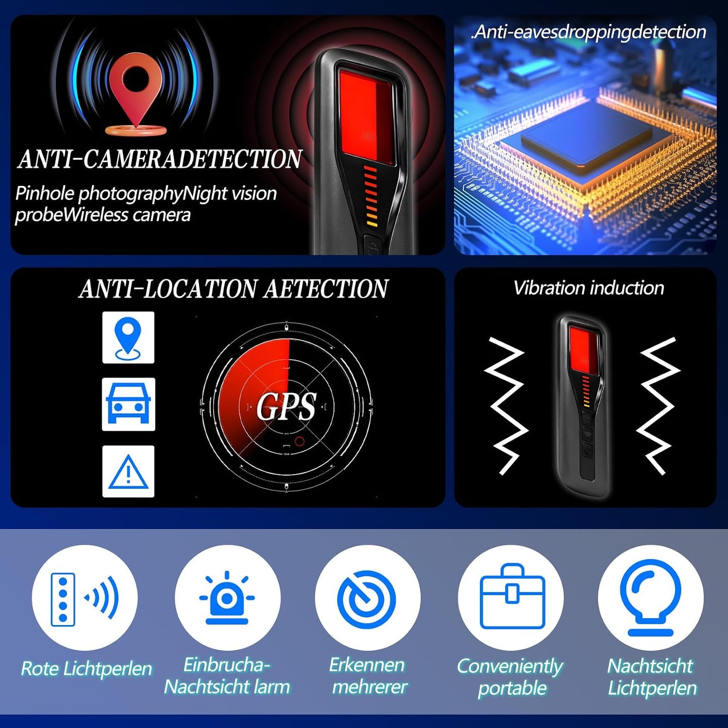 jjxeqo Scanner,5-Level Adjustment,6 Hidden Camera Detector,GPS Tracker Detector,Wireless Signal Sensitivity Detection