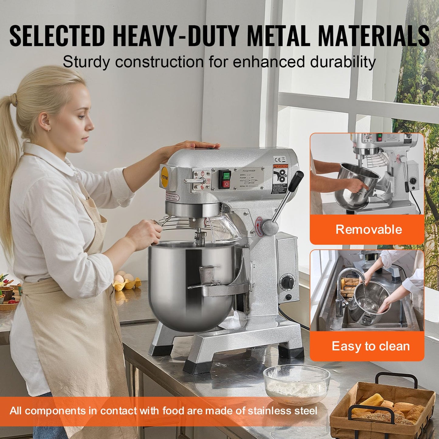 VEVOR Commercial Food Mixer 30Qt, Commercial Mixer with 3 Adjustable Speeds, 1100W Dough Mixer,Commercial Stand Mixer with Stainless Steel Bowl