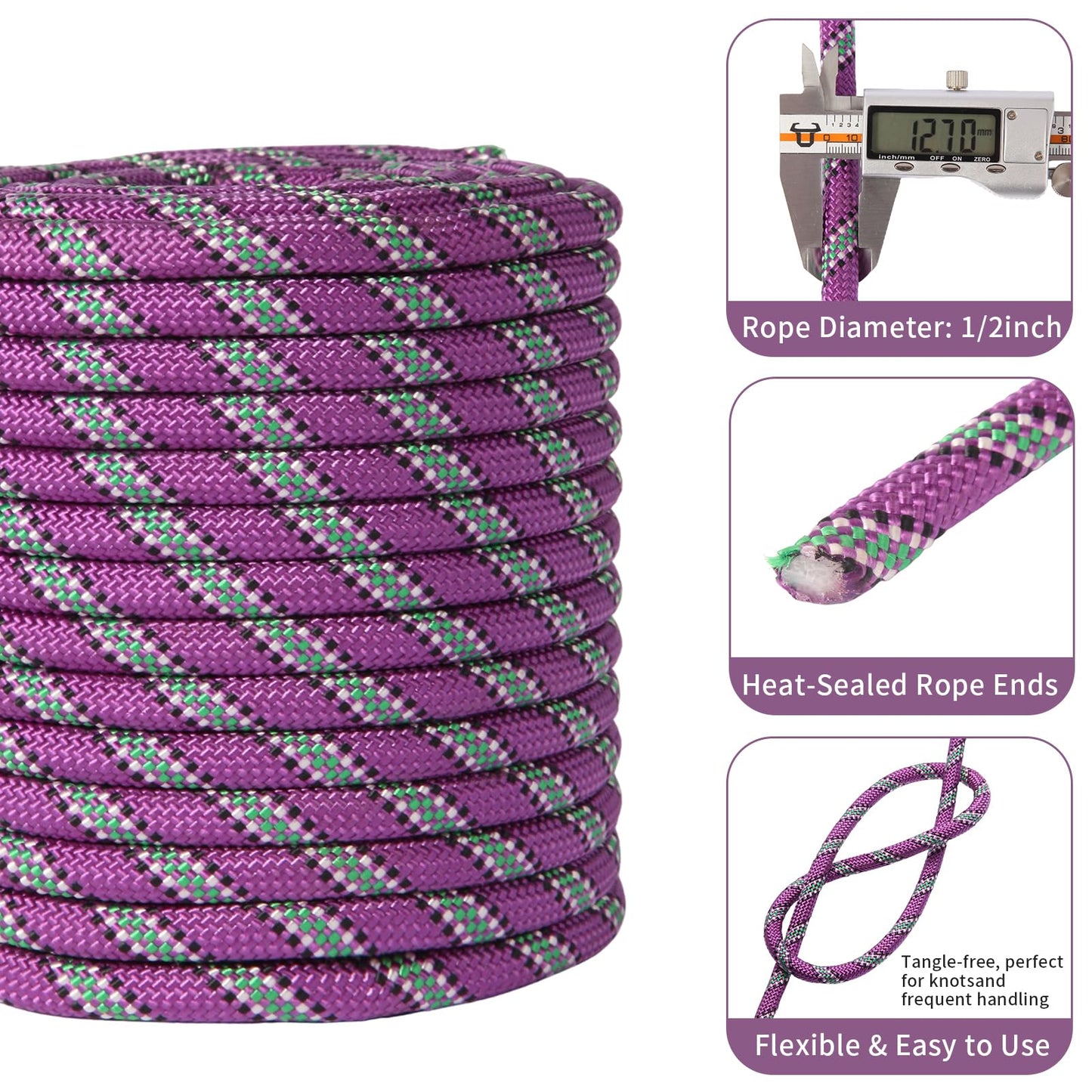 Arborist Rope Tree Climbing Rope(1/2 Inch x 100ft) 48 Strands Bull Rope for Construction Climbing Swing Sailing