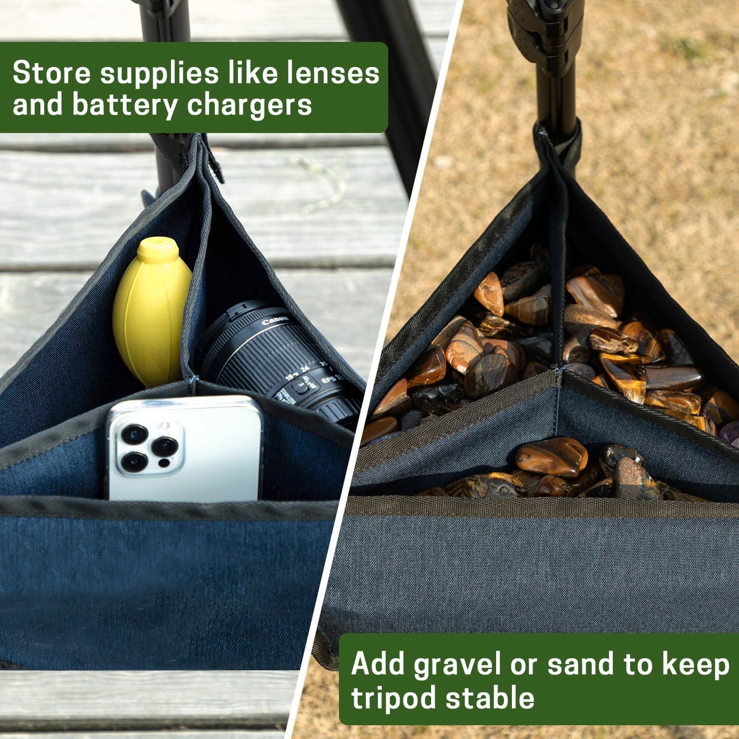 3 Tripod Stone Bag with Compartments, Heavy Duty Sand Bag for Photography