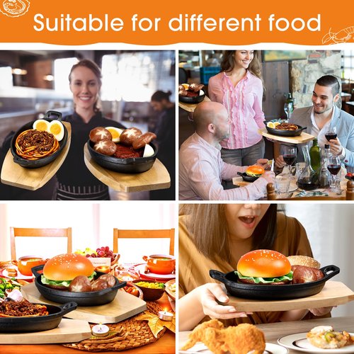 Mifoci 4 Pcs Mini Cast Iron Skillet with Wooden Base Small Cast Iron Fajita Plates Baker's Skillet Matte Black Pan Pot for Kitchen Restaurant Barbecue Dinner (8.5 x 6.1 x 1.7 Inches)
