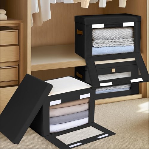 Homsorout Collapsible Storage Bins - Large Stackable Organizer Bins with Handles & Window | 2 Pack, Black