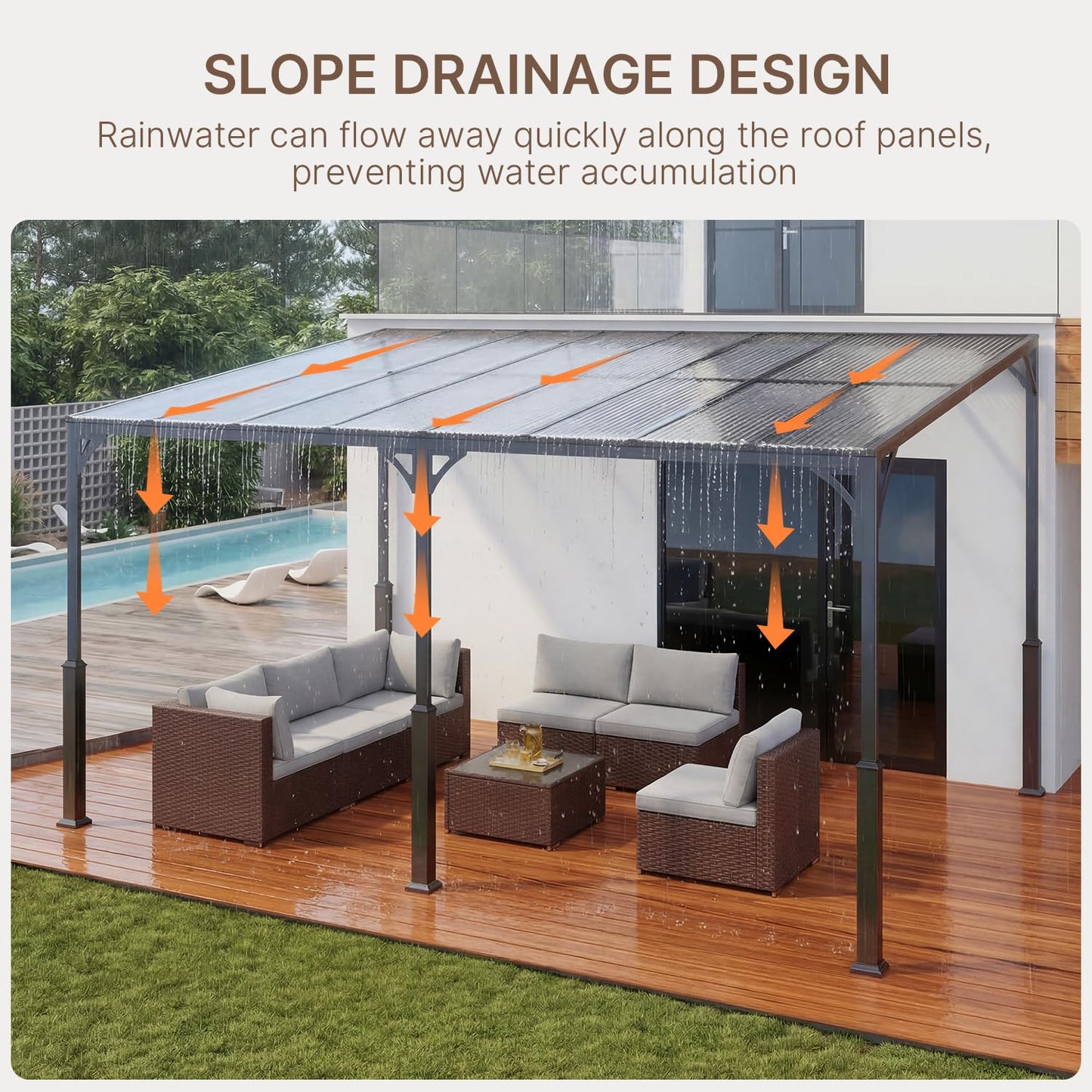 Ahomly 14' x 10' Wall-Mounted Lean-to Gazebo — Weather-Resistant Hard Roof, Reinforced Steel Frame, Heavy-Duty Patio Awning, 140 sq ft Shade for Patio, Deck, Backyard(Grey)