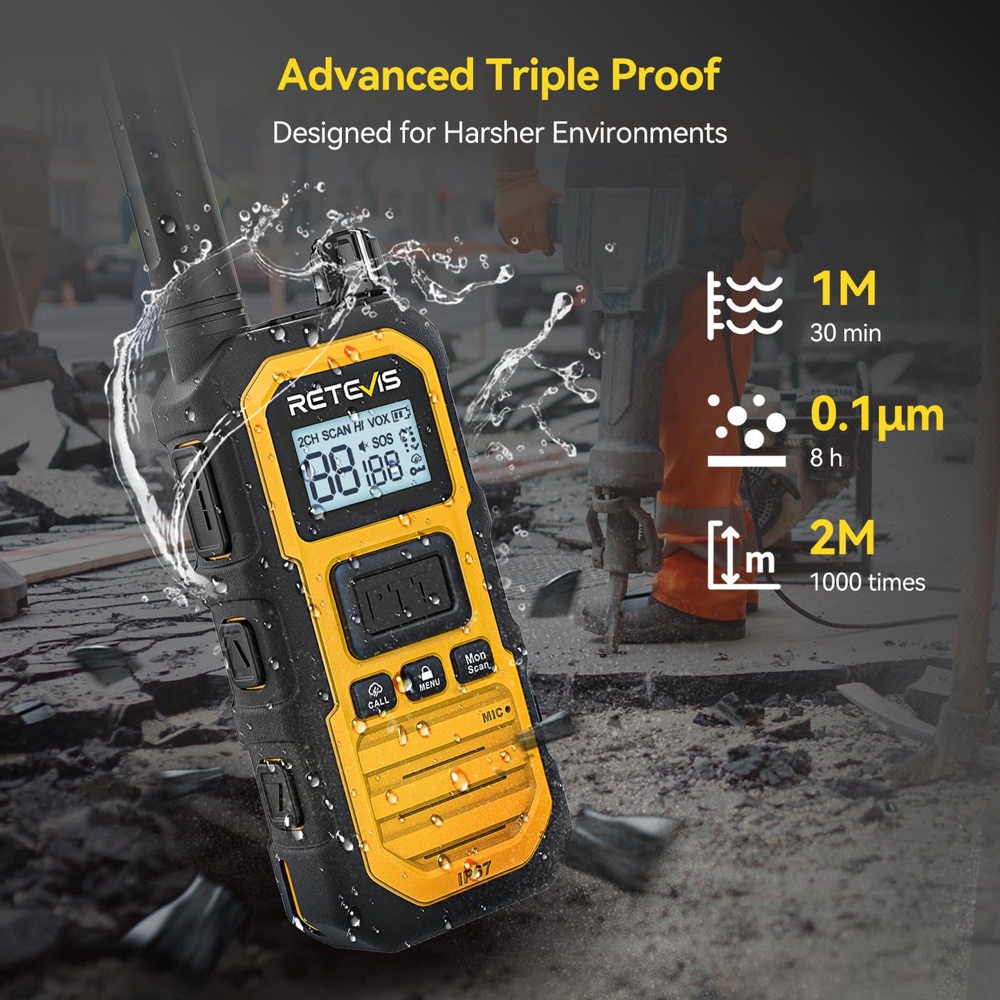 Retevis RB48 Plus IP67 Waterproof Heavy Duty Long Range Walkie Talkies, GMRS Radio, Construction Jobsite Two Way Radio, NOAA, Shock Resistant, Dual PTT, Emergency, Vibration Reminder(4 Pack)