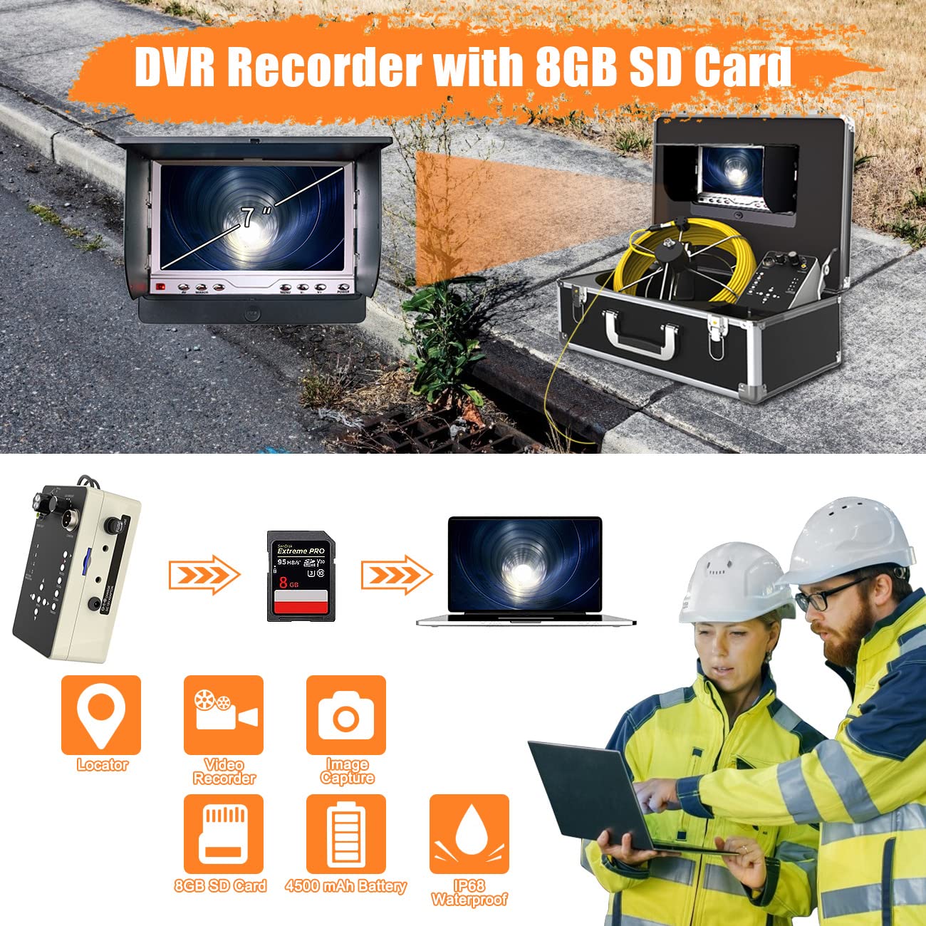 Anysun Sewer Camera with Locator, Pipe Camera with 512Hz Sonde Transmitter and Receiver, IP68 Waterproof Industrial Plumbing Endoscope Drain Snake Cam with 7" LCD Monitor, 8G SD Card (100Ft/30M Cable)