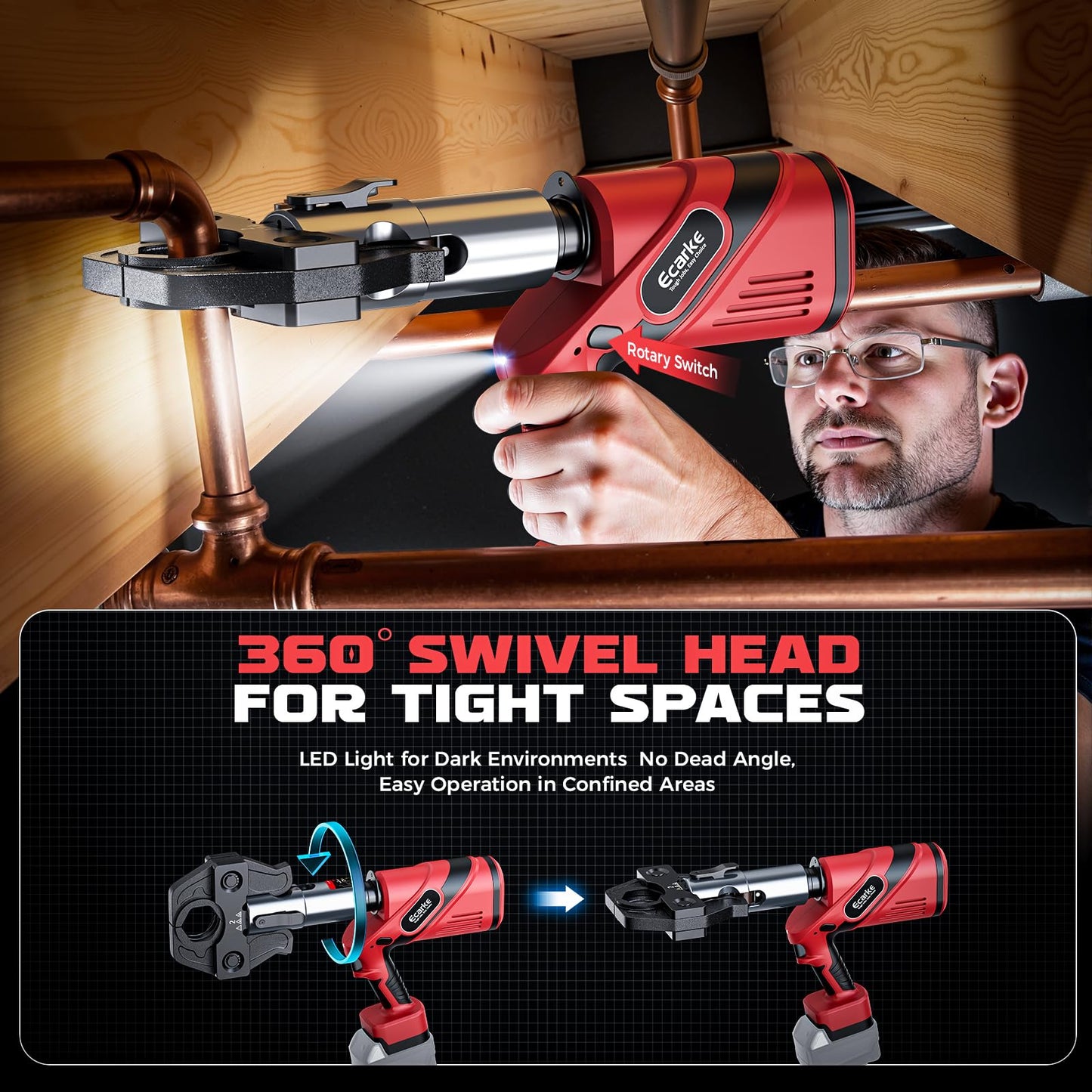 Ecarke Pro Press Tool Compatible with Milwaukee 18V battery, Cordless Plumbing Pipe Press Tool Kit for 1/2" to 2" Copper Pipe and Stainless Steel Pipes, 360° Rotation, 6 Pro Press Jaws, Tool Only