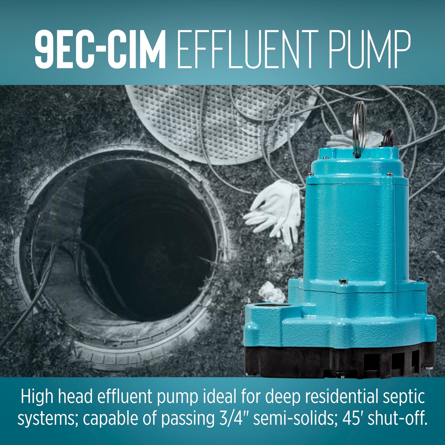 Little Giant 9ECH-CIM 115-Volt, 4/10 HP, 4200 GPH Manual Submersible Cast Iron High Head Effluent Pump with 30-Ft. Cord, Blue, 509533