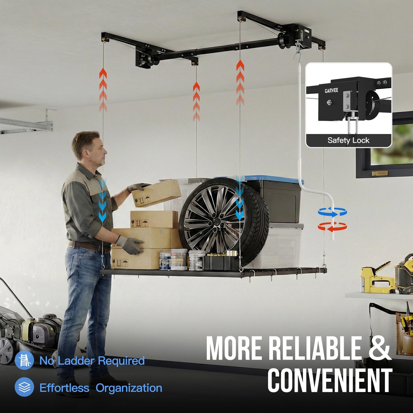 Garvee Overhead Garage Storage Rack Lift, 4x4 ft Ceiling Mounted Storage Racks, 79" Max Adjustable Height, 350lbs Weight Capacity, Heavy-Duty Metal Ceiling Rack for Organization
