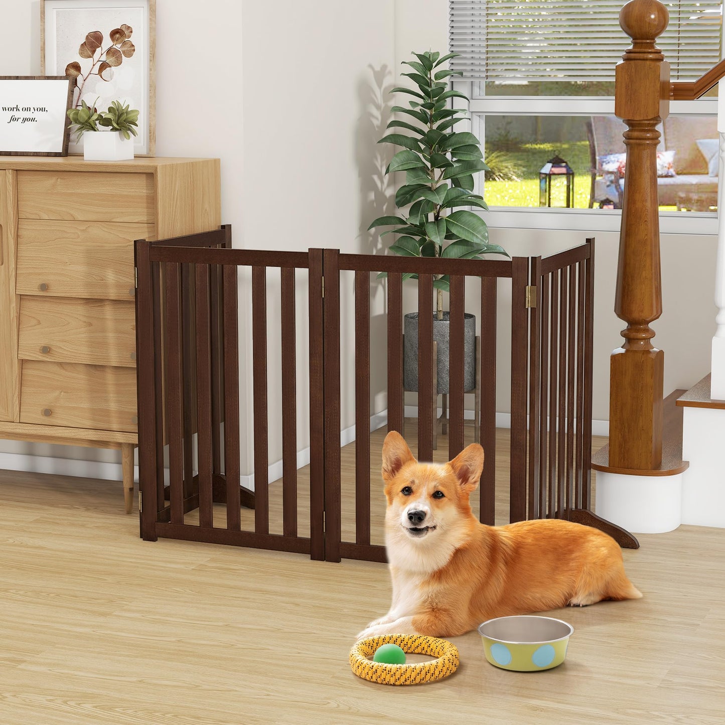 30" Height Tall Freestanding Pet Gate, Solid Wood Folding Safety Fence Wooden Dog Gate with 2 PCs Support Feet Ideal for Stairs, Doorways, Halls, Kitchens, Heavy Duty Gates, 4 Panels, Walnut