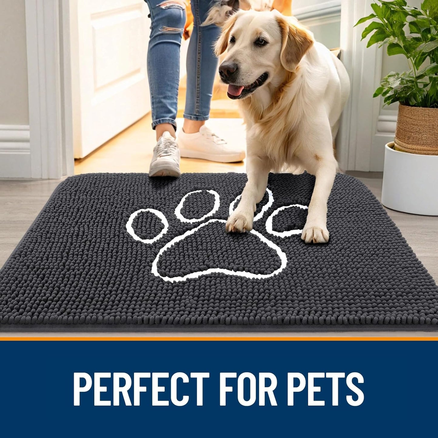 OLANLY Dog Door Mat - Absorbent Non-Slip Mud Mat for Paws | 35x24 Dark Grey Chenille Design