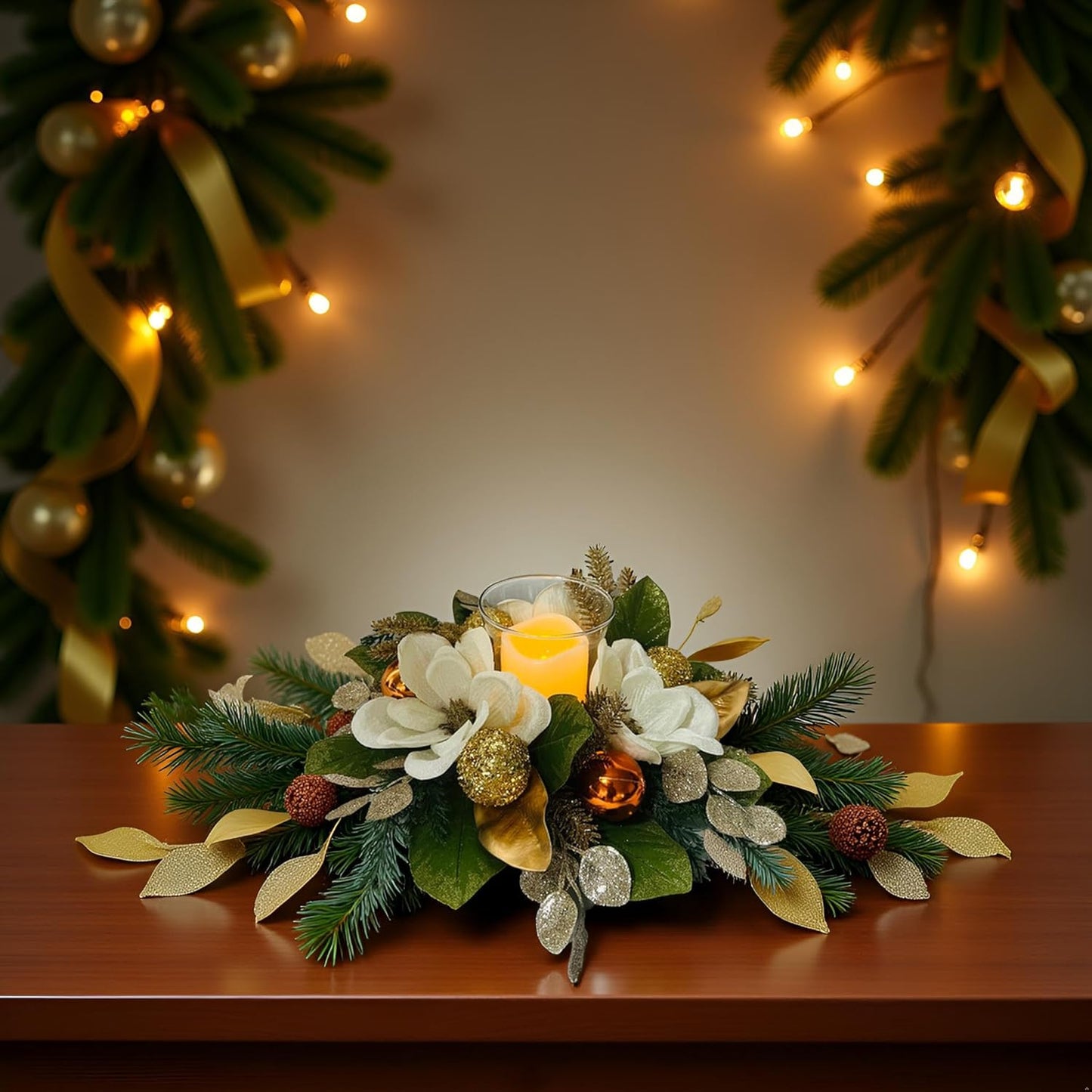Skiennix 18" Centerpiece - Flameless LED Candle Holder with White Magnolia & Gold Baubles for Holiday Decor