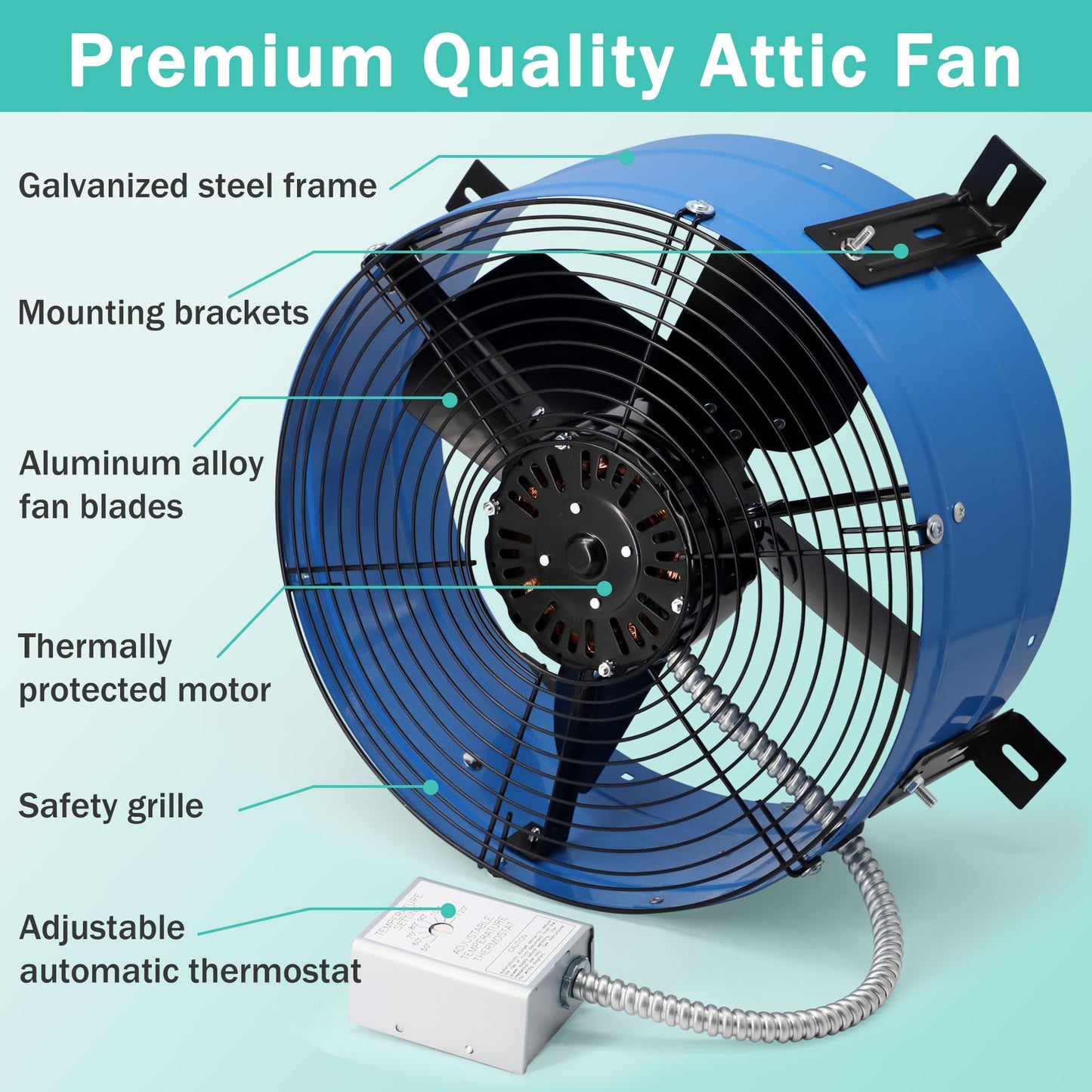 Hipoilk Gable Mount Attic Fan with Adjustable Thermostat, 15 Inch Exhaust Fan for Attic, Garage, Shed, Shop Ventilation, 1600 CFM, 1050 RPM, 2400 SQF Coverage Area