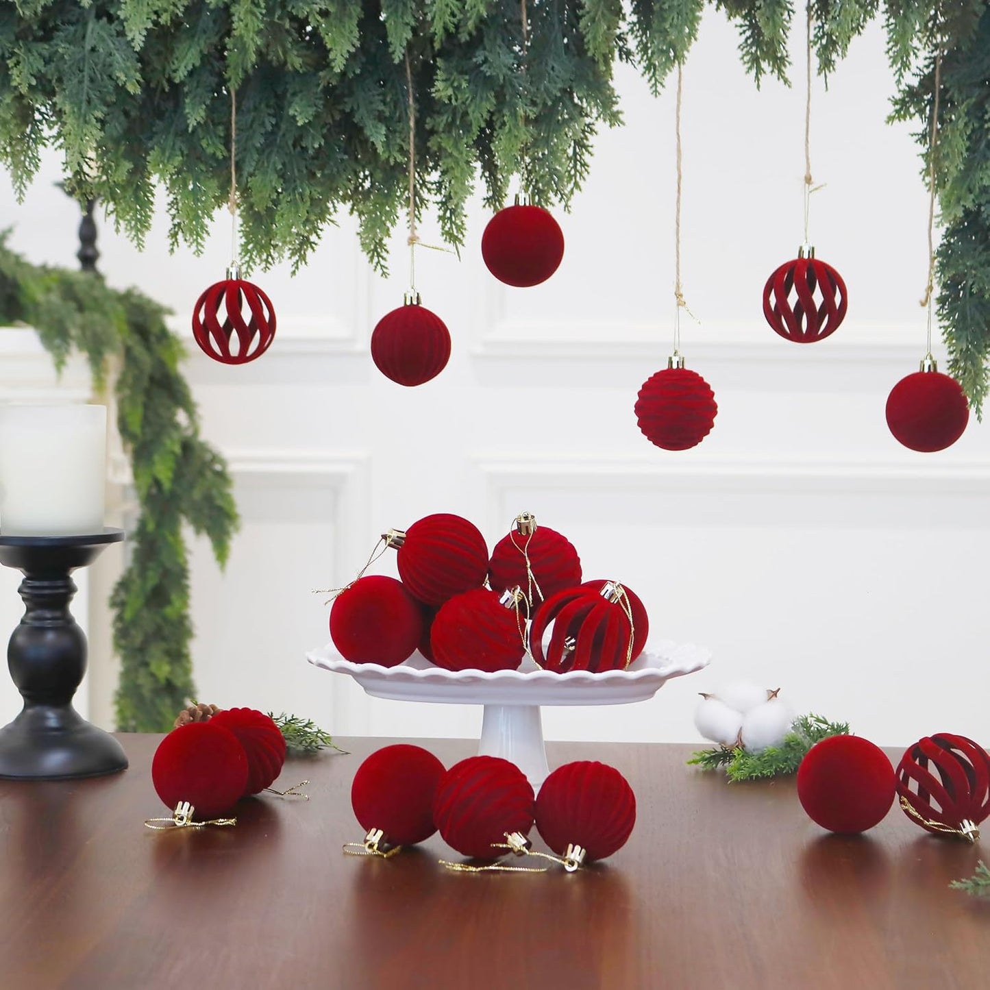 Senjie Burgundy Velvet Christmas Ornaments - 12PCS Flocked Plastic Balls for Tree Decoration