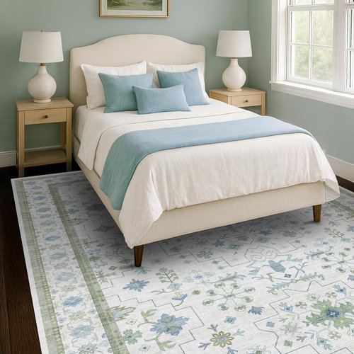 Hazo Haus Cream Oushak 7x9 Area Rug - Boho Floral Design in Cool Blue & Green, Washable Non-Slip