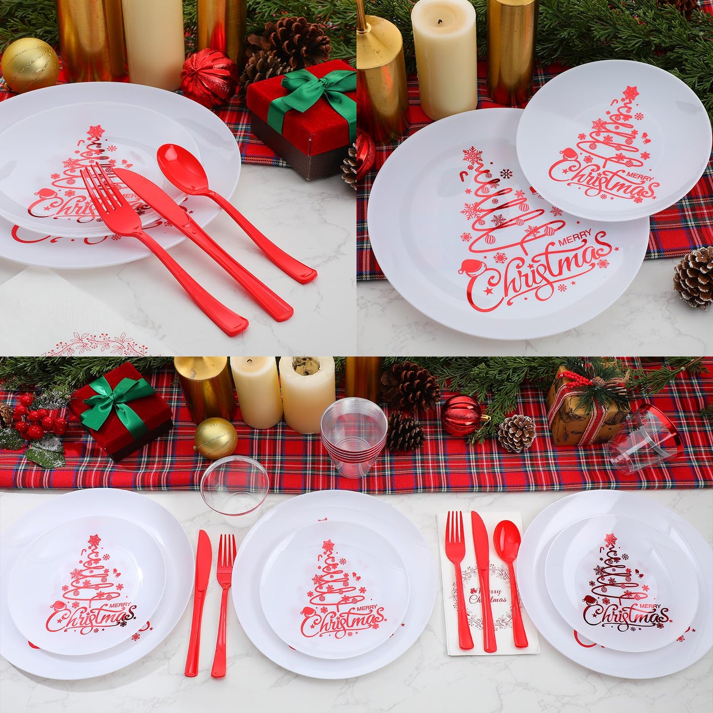 Shellwei Christmas Plastic Dinnerware Set, Xmas Disposable Plates Includes 40 Dinner Plates 40 Cup 40 Dessert Plate 40 Paper Napkins 40 Forks Knives Spoons Supplies for Christmas(Red White,Xmas Tree)