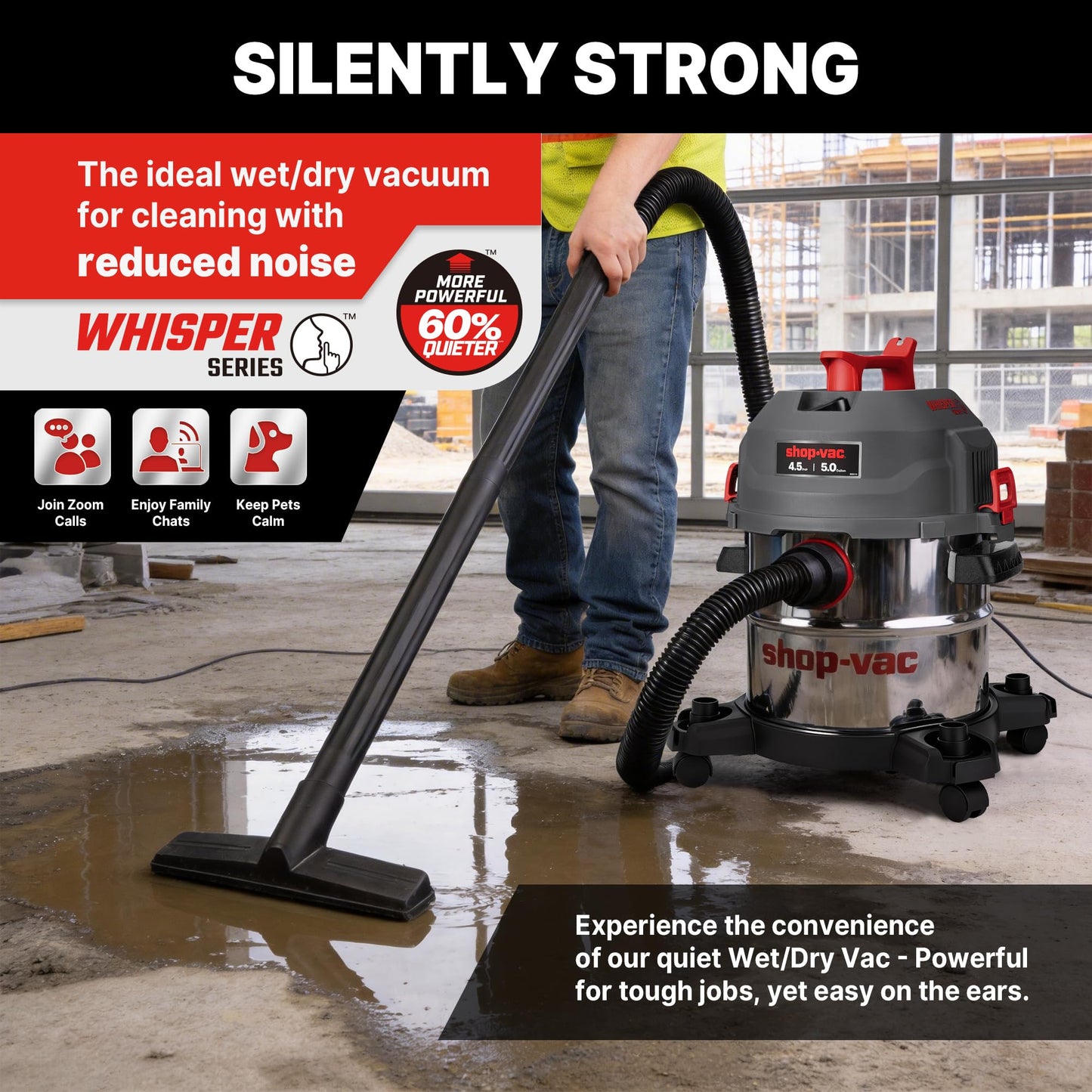 Shop-Vac 5 Gallon Ultra Quiet Shop Vacuum Wet and Dry, 4.5HP Stainless Steel Tank Wet/Dry Vacuum with Attachments, 1-7/8 In. x 7 Ft Hose, 15 Ft Cord, Ideal for Jobsite, Garage, Workshop & Home 5430542