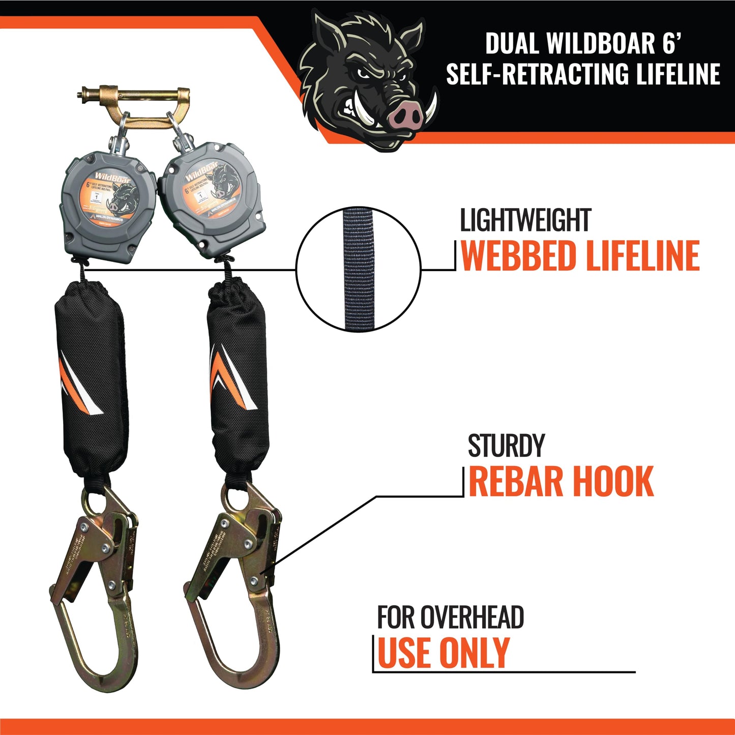 Malta Dynamics Wild Boar 6’ Dual Self Retracting Lifeline – SRL Fall Protection Lanyard with Rebar Hook for Construction Site Safety, OSHA and ANSI Compliant