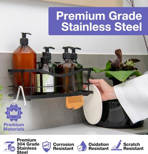 KINCMAX Premium Shower Caddy - Rustproof Stainless Steel Organizer with 4 Hooks | No Drill, Matte Black
