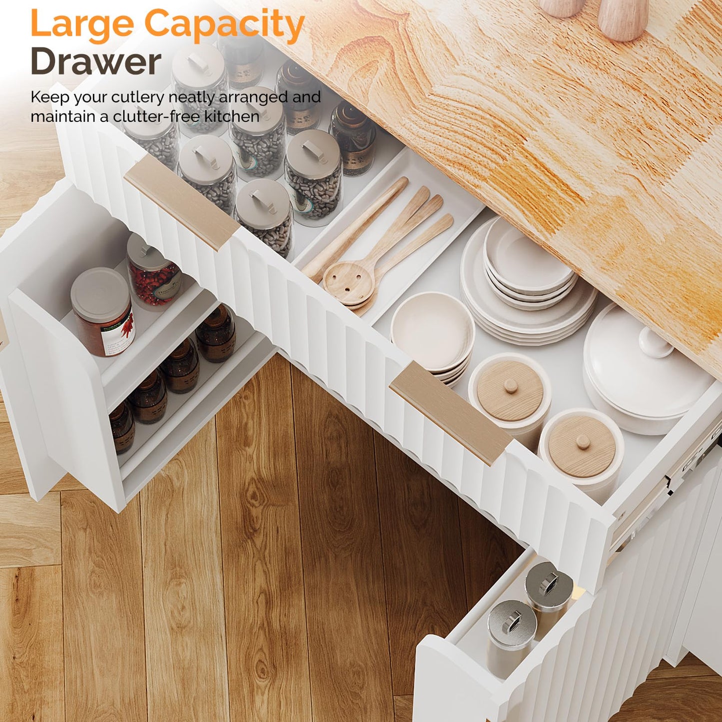 VINGLI Kitchen Island Cart with Storage, Rolling Kitchen Cart on Wheels with Foldable Drop Leaf, 15.35 x 31.15 x 34.45 Inches, Rubber Wood Top, Drawer and Door Cabinet, White