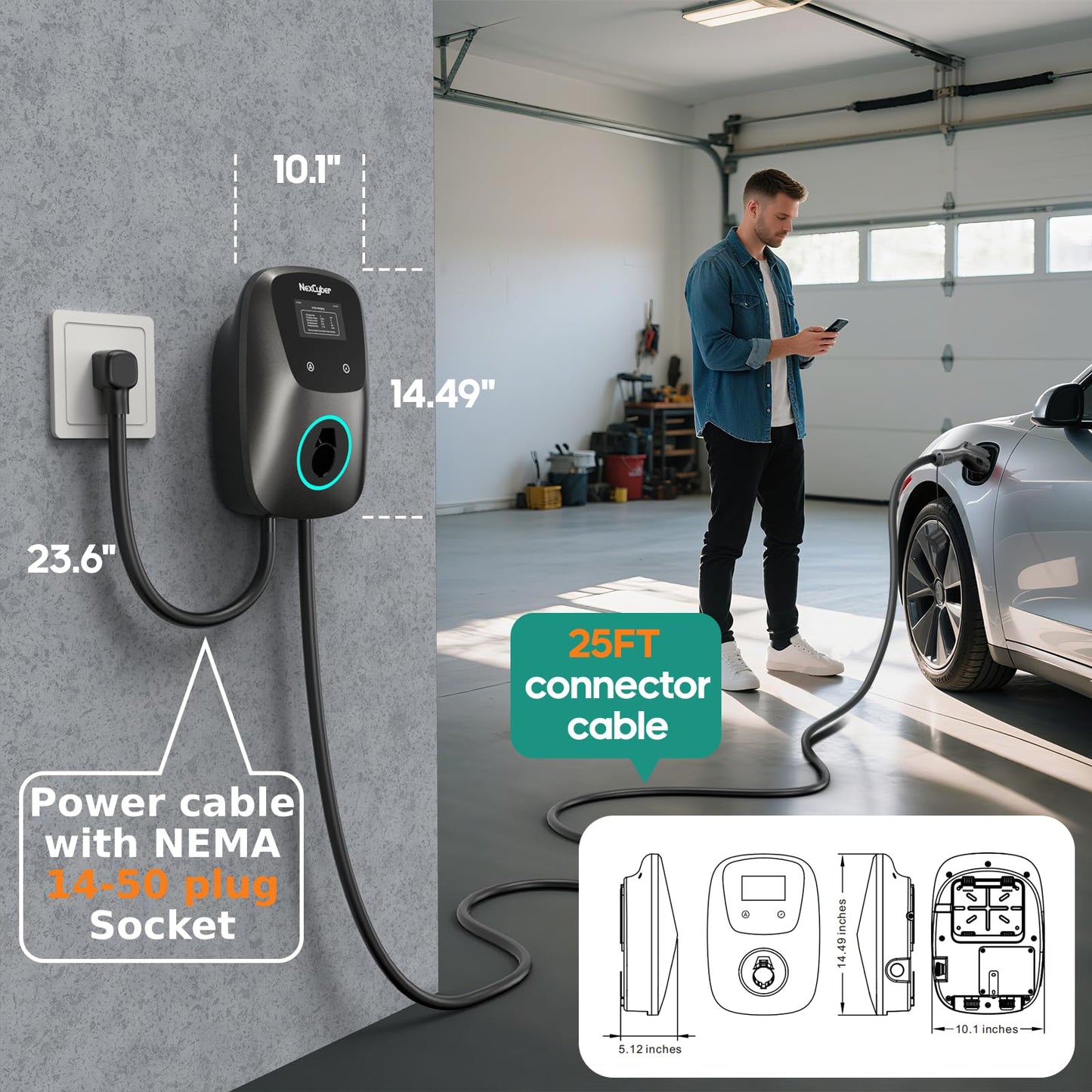 NexCyber Level 2 EV Charger(WiFi APP/Plug-Play), 48A Nema 14-50p, 25ft Cable ETL Certified, Home Level 2 EVSE Car Charger w/ J1772 Connector, Electric Vehicle Charging Stations (46)