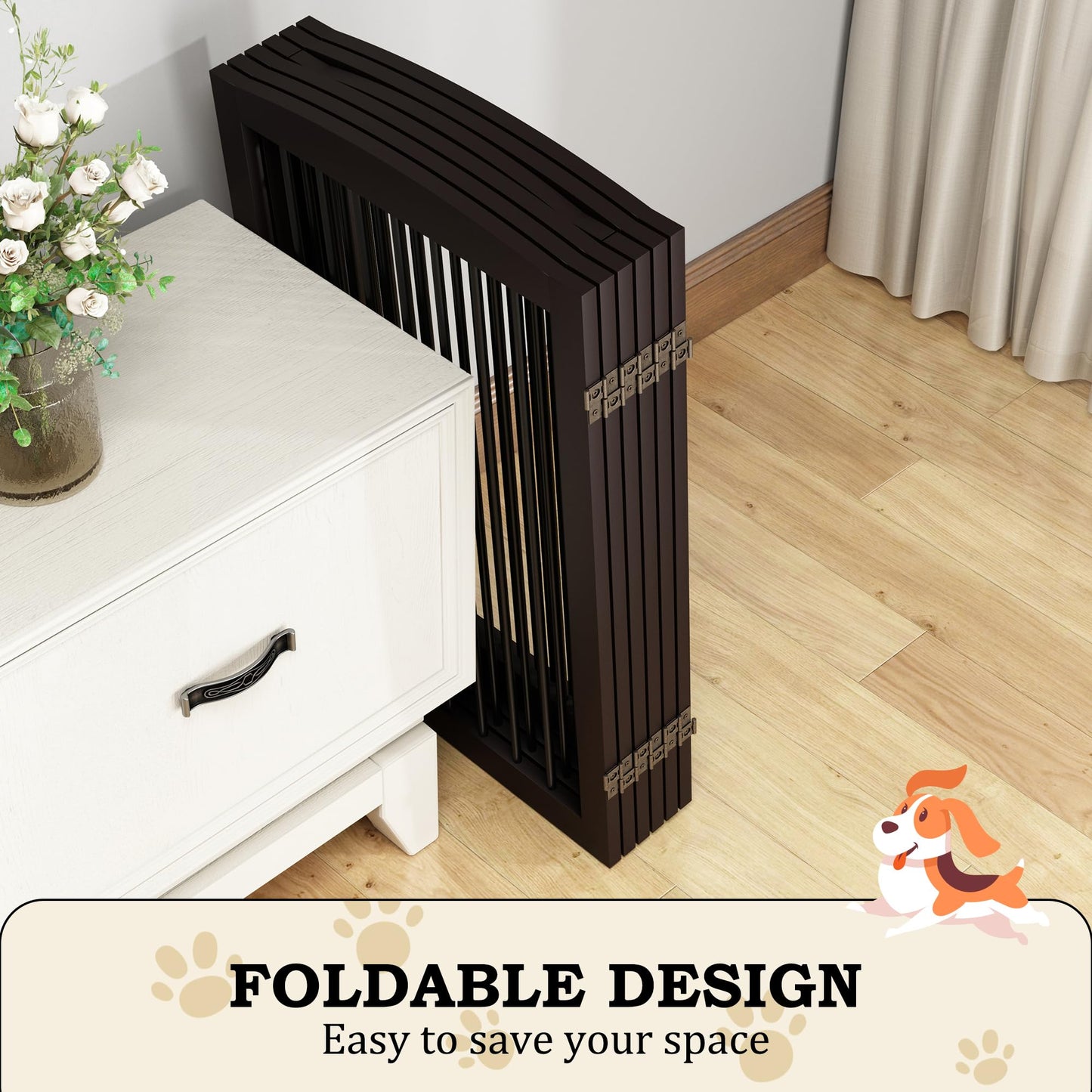 PUPETPO Freestanding Pet Gate with Door, Tall Dog Gate for House, Extra Wide, Pet Puppy Safety Fence, Support Feet Included, 120 Inch Wide, 6 Panels 32" Tall, Brown