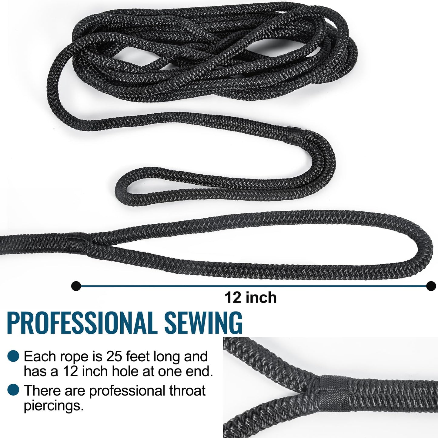 4 Pack 1/2" x 25’ Boat Dock Lines for Boat & Pontoon, Premium Marine- Grade Double Braided Nylon Dock Line, Pre-Spliced with a 12" Eyelet-Black,Boating Gifts for Men