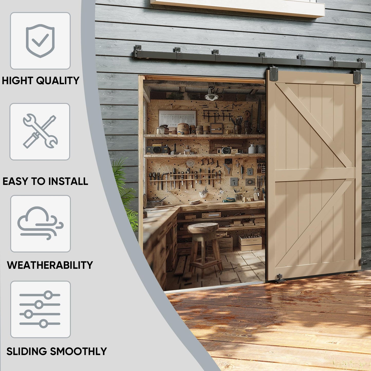 JUBEST 9FT Box Rail Exterior Barn Door Hardware Kit, Heavy-Duty Black Sliding Barn Door Track System, Wall Mount Door Hardware Kits (Door Not Included)