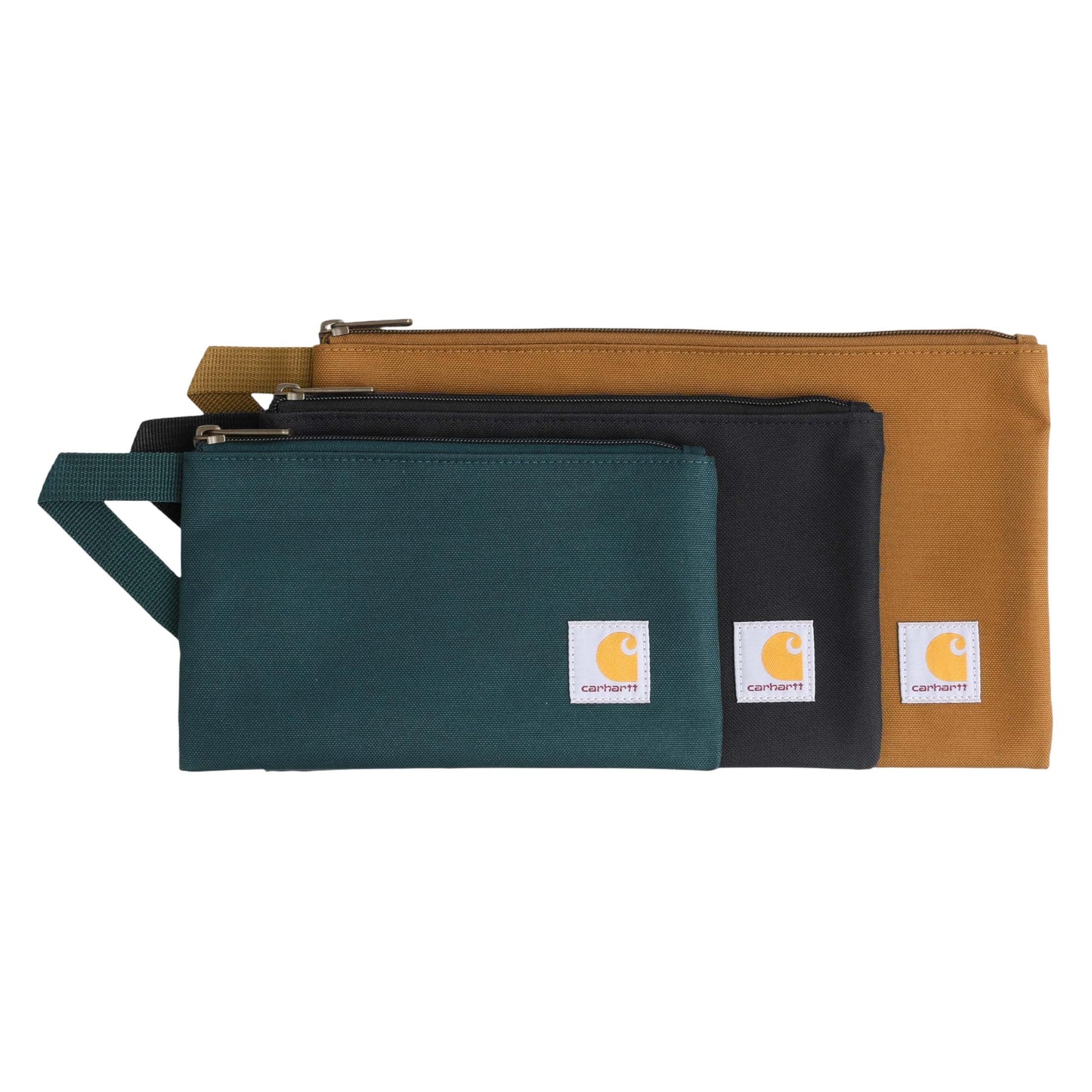 Carhartt Utility Zipper Pouch Set, Durable Water Repellent Organizers Sold in Sets of Three, Carhartt Brown/Black/Greenstone