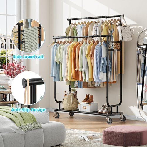 Ekisemio Heavy Duty Clothes Rack, Rolling Clothing Rack With Shelves Load 450 LBS, Double Rod Clothing Racks with Wheels for Hanging Clothes, Black