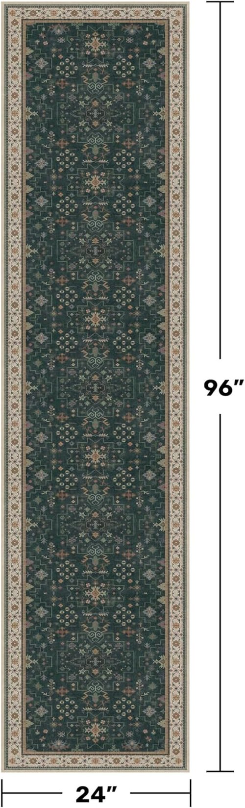 Hazo Haus Dark Green Kitchen Runner Rug - Modern Vintage Boho Floral Pattern | Washable Non-Slip 2x8 ft