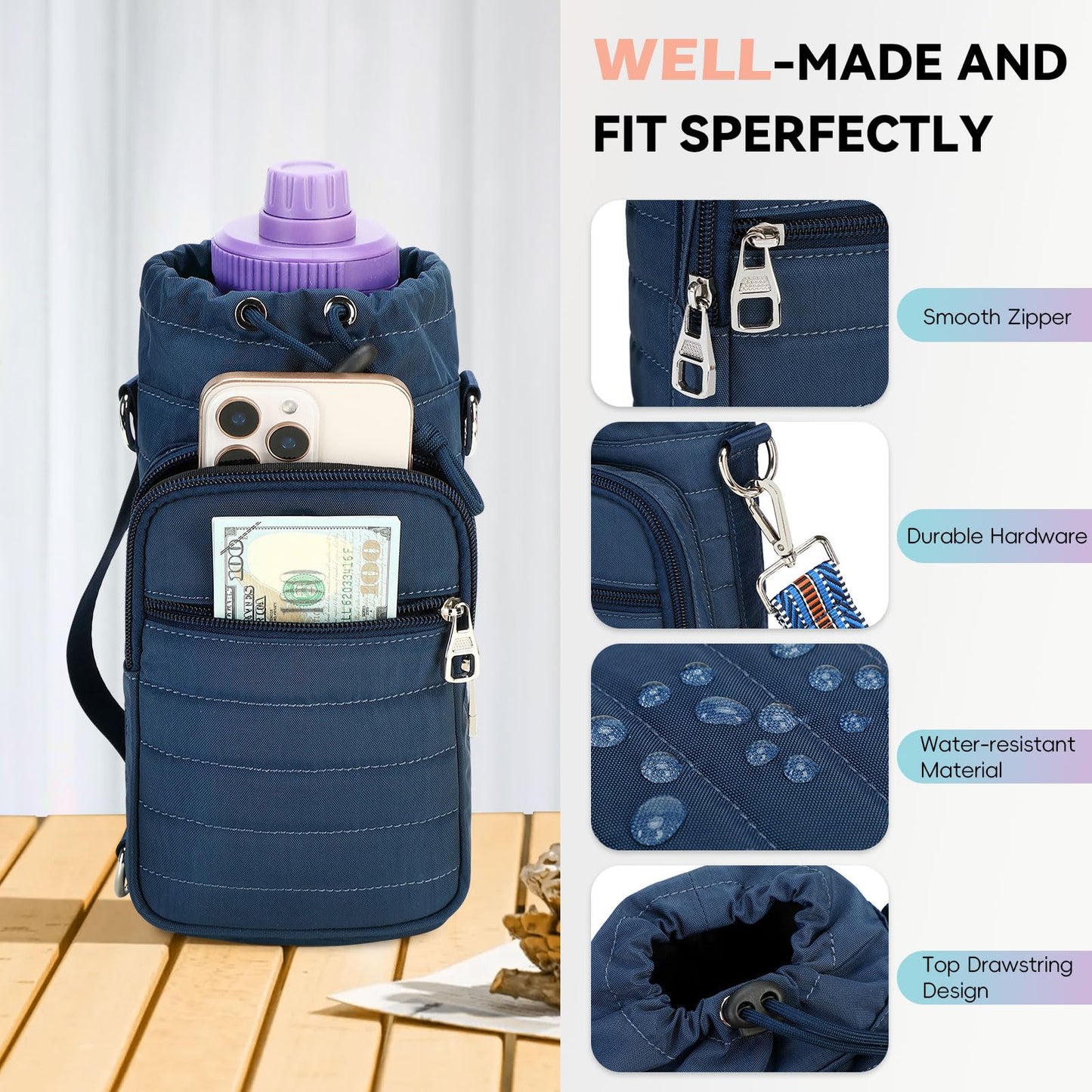 YIQUN Water Bottle Holder with Strap, Water Bottle Carrier Bag with Phone Pocket 32oz 40oz Insulated Water Bottle Holder for Walking, Hiking