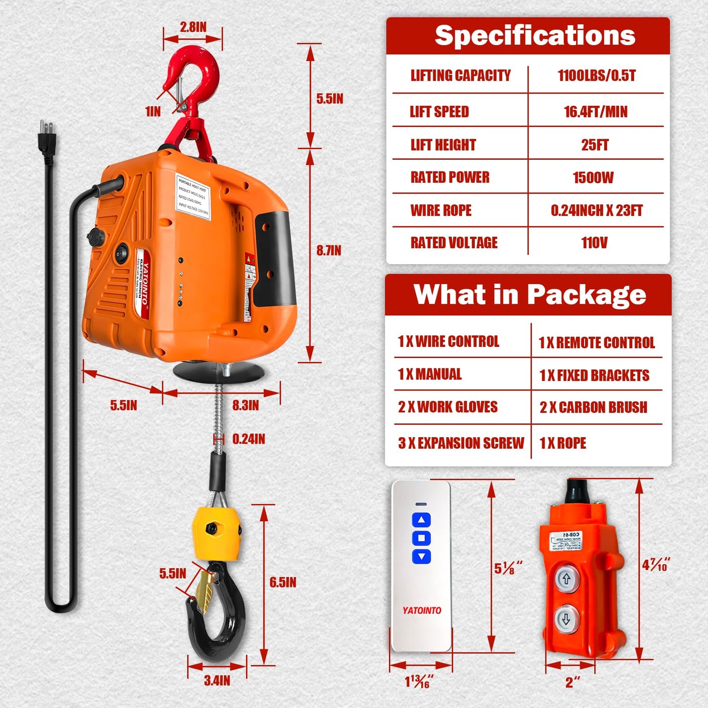 3 in 1 Electric Hoist Winch,1100 lbs 1500W Portable Power Winch Crane, Overload Protection 25ft Lifting Height,Manual, Wired and Wireless Remote Control for Factories, Warehouses, Garages, Etc