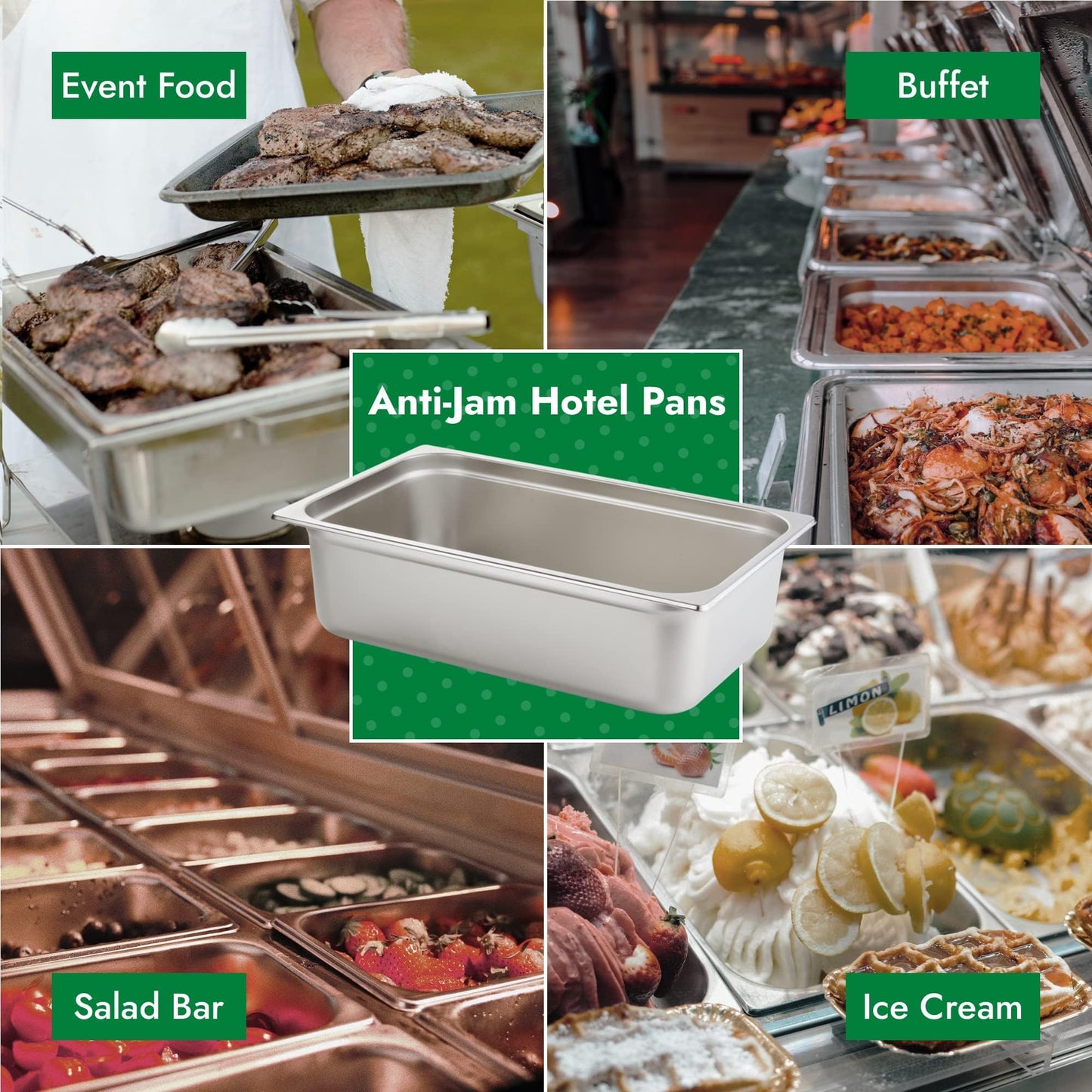 HECMAC 6 Pack Anti-Jam Hotel Pans, Full Size 6 Inch Deep, Commercial Stainless Steel Chafing Steam Table Pan, Catering Storage Metal Food Pan, 23 Gauge