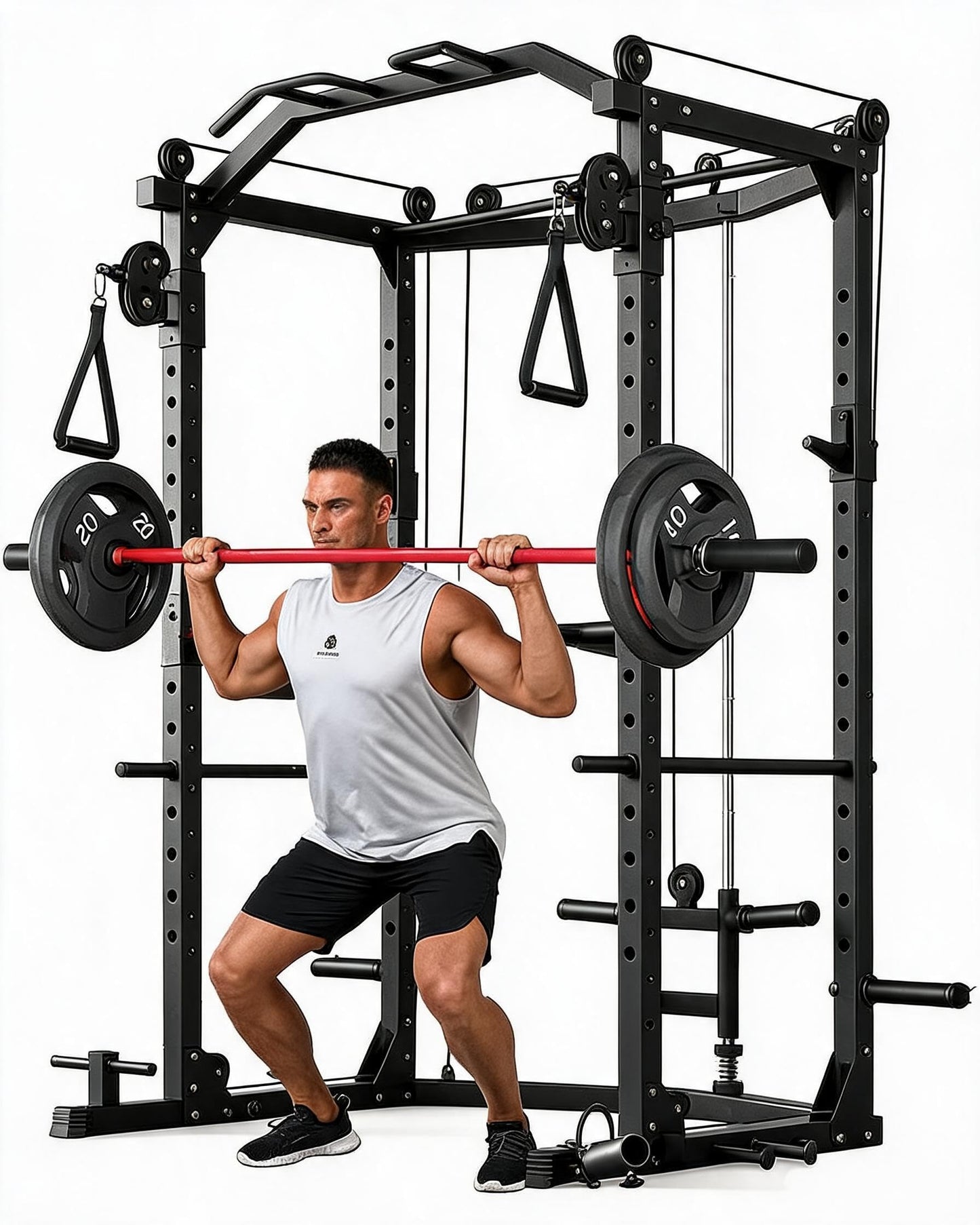 Garvee Power Cage with Cable Crossover System, 1600 Lb Capacity Carbon Steel Power Rack for Home Gym with LAT Pulldown Pulley System, j-Hooks, Dip Handles, Landmine Attachment