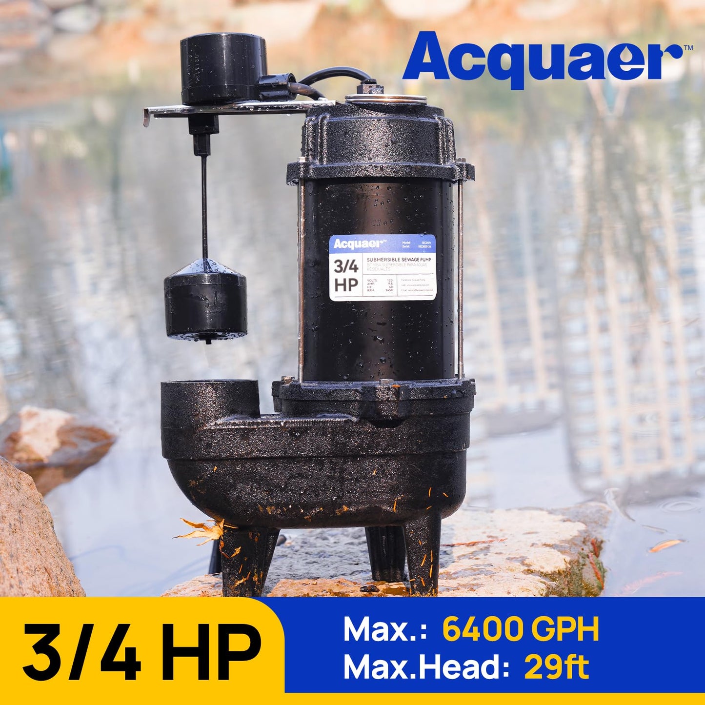 Acquaer 3/4HP Sewage Pump Submersible, 6400 GPH Cast Iron with Automatic Integrated Vertical Float Switch and Piggyback Plug, 2'' NPT Discharge Basements Pump for Wastewater, Sewer