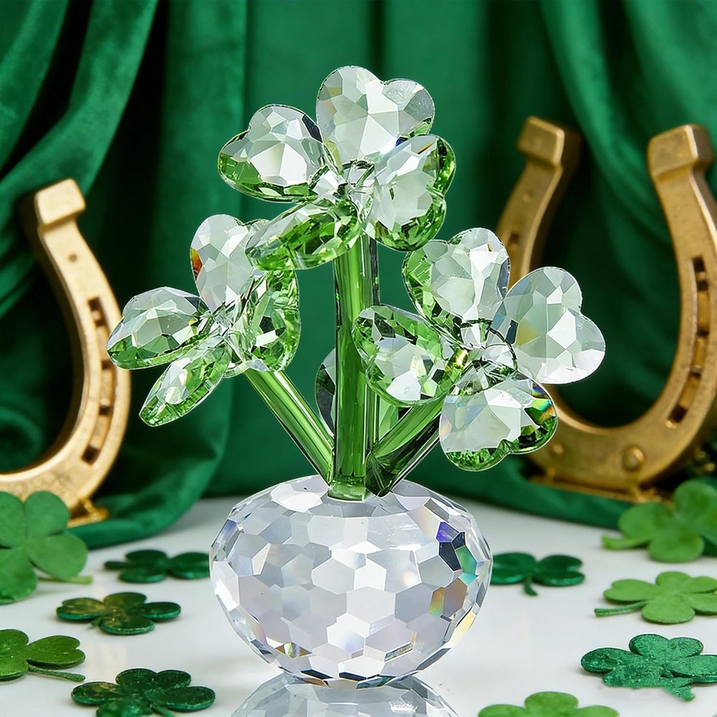 QFkris Crystal Flower Dreams Four-Leaf Clover Figurine - Perfect St. Patrick's Day Gift | 3.7" Crystal Ornament for Mother's Day & Valentine's Day