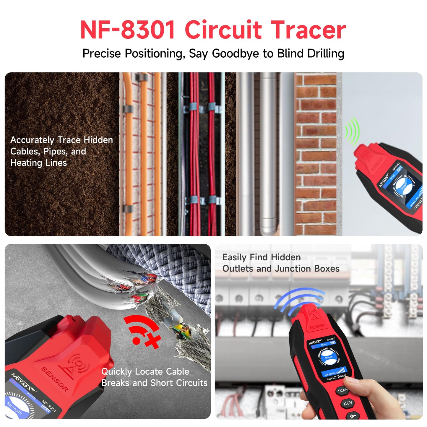 NOYAFA NF-8301 Circuit Tracer - Underground Circuit Breaker Finder & Digital Multimeter, 8 Level Sensitivity Adjustment, Rechargeable Wire Tracer for Fuses, Irrigation, Wall Wires