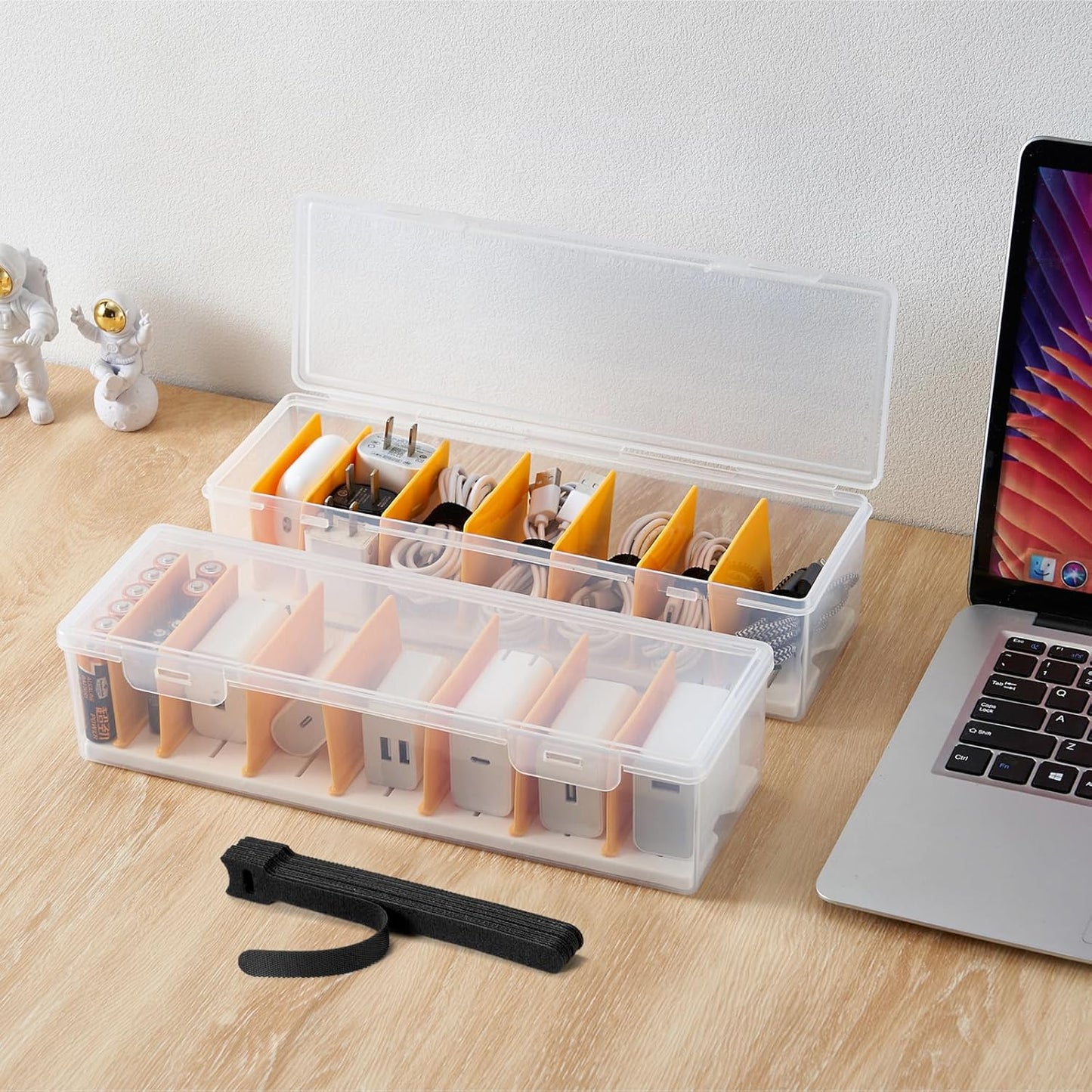 2 Pack 16 Cable Organizer Storage Box with Cable Ties, Clear Phone Charger Organizer Case Wire Organizers for Cords