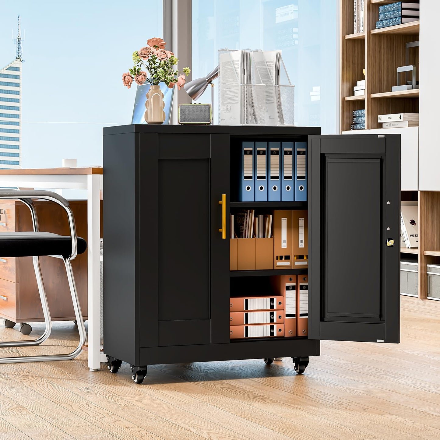RISTERN Metal Storage Cabinet with Wheels, 36" Tall Locking Storage Cabinet with 2 Adjustable Shelves, Locking Garage Cabinet, Steel Locker Organizer, for Office, Home, School, Black