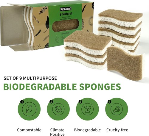 Biodegradable Natural Kitchen Sponges by EcoSponge - 9 Pack Compostable Cellulose & Coconut Scrubbers