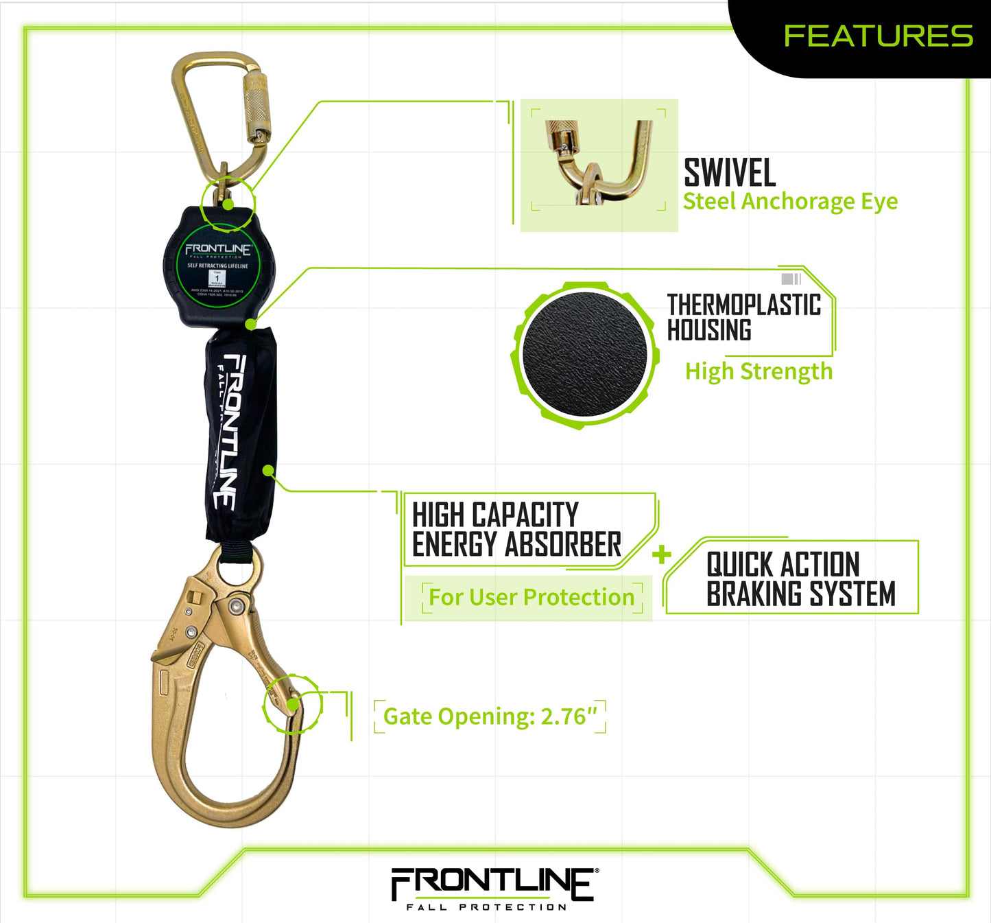 Frontline RPA062R 6' Aramid Web Twin Leg SRL with Steel Rebar Hooks | 310 lbs Capacity | Lightweight & Durable | Aramid Fiber Webbing Retractable | ANSI & OSHA Compliant | ISO Lab Tested
