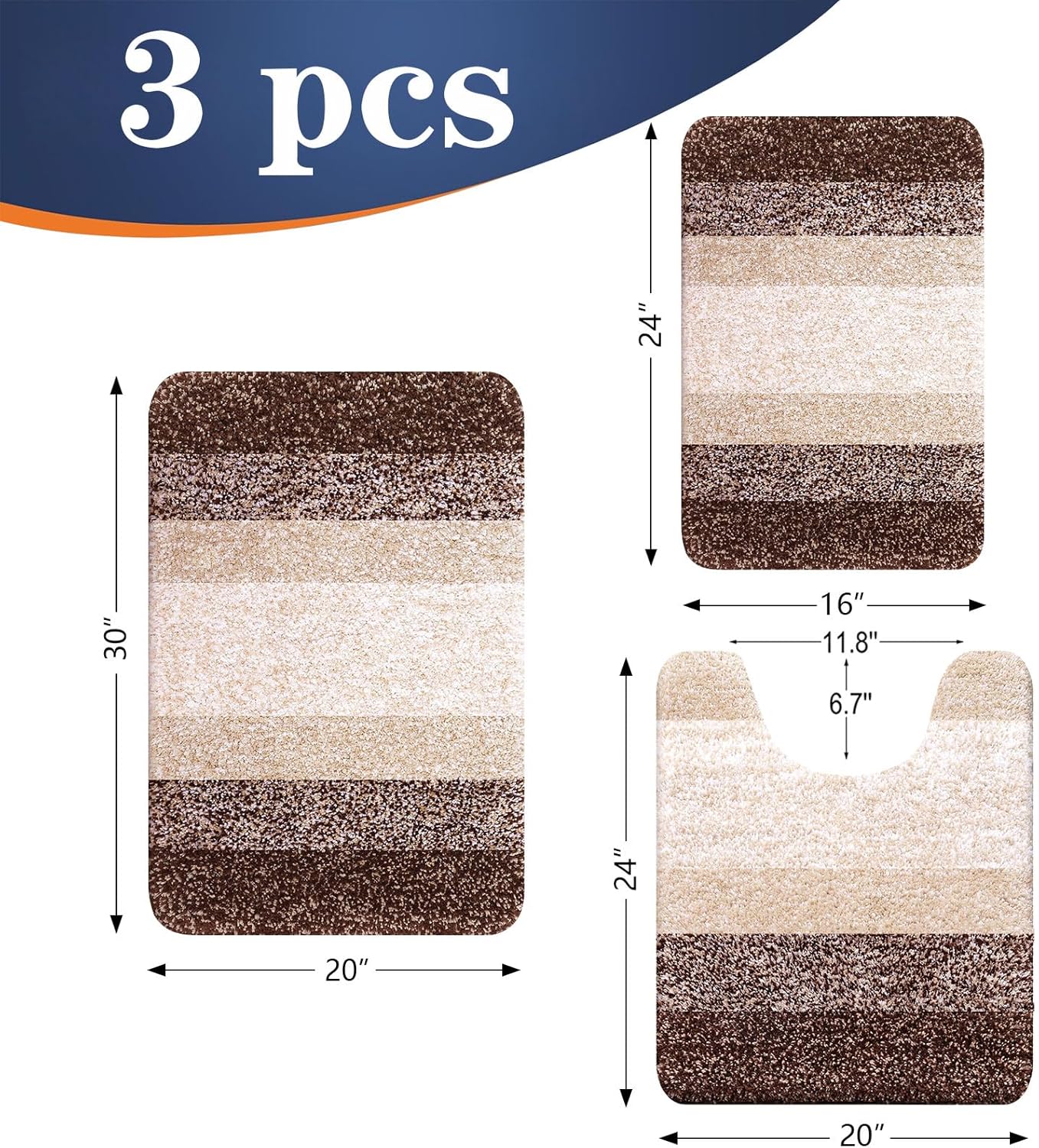 OLANLY Bathroom Rug Set - Soft Absorbent Microfiber Mats & U-Shaped Contour Rug | 3-Piece Brown Set (30"x20", 24"x16", 24"x20")