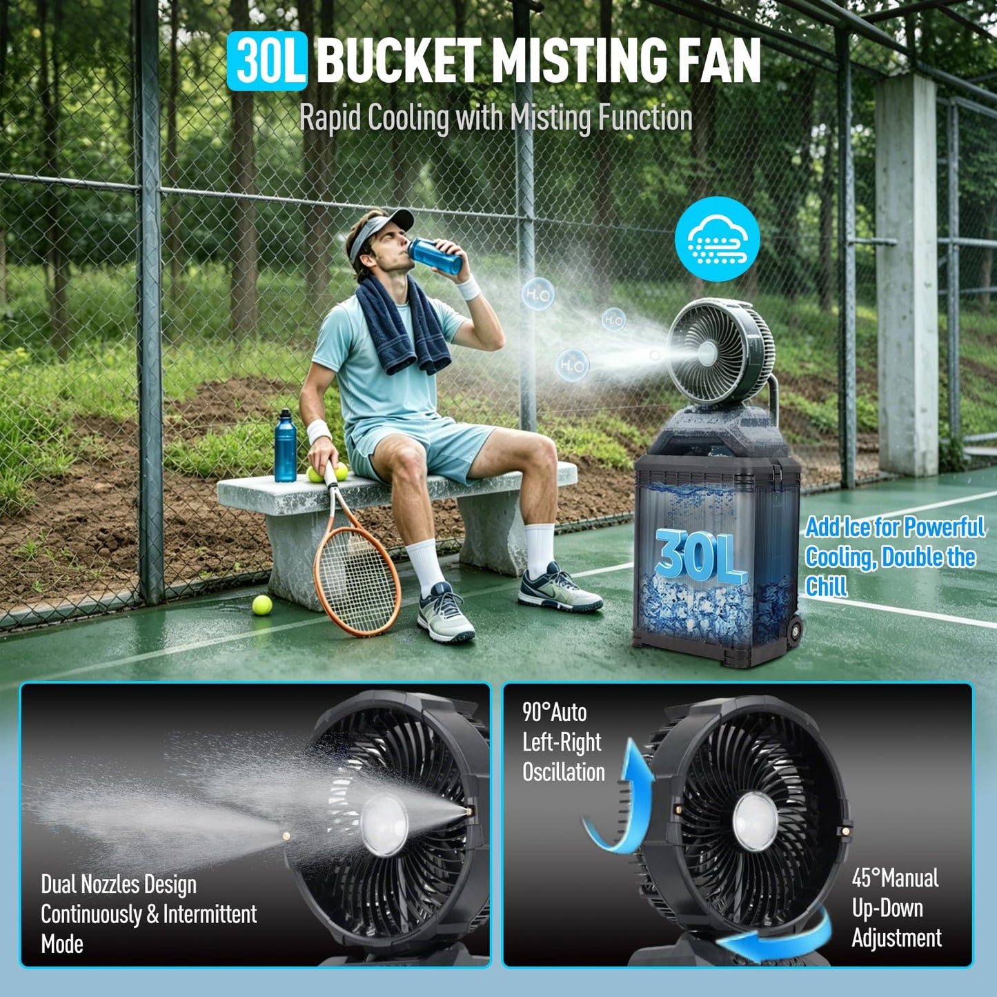 ZMLBTF Portable Misting Fan, 30L Water Tank Rolling Mist Fan, 30000mAh Rechargeable Outdoor Cooling Fan with Remote, 4 Speeds, 90° Oscillation, for Patio, Camping, Sports, Outside & Travel (Black)