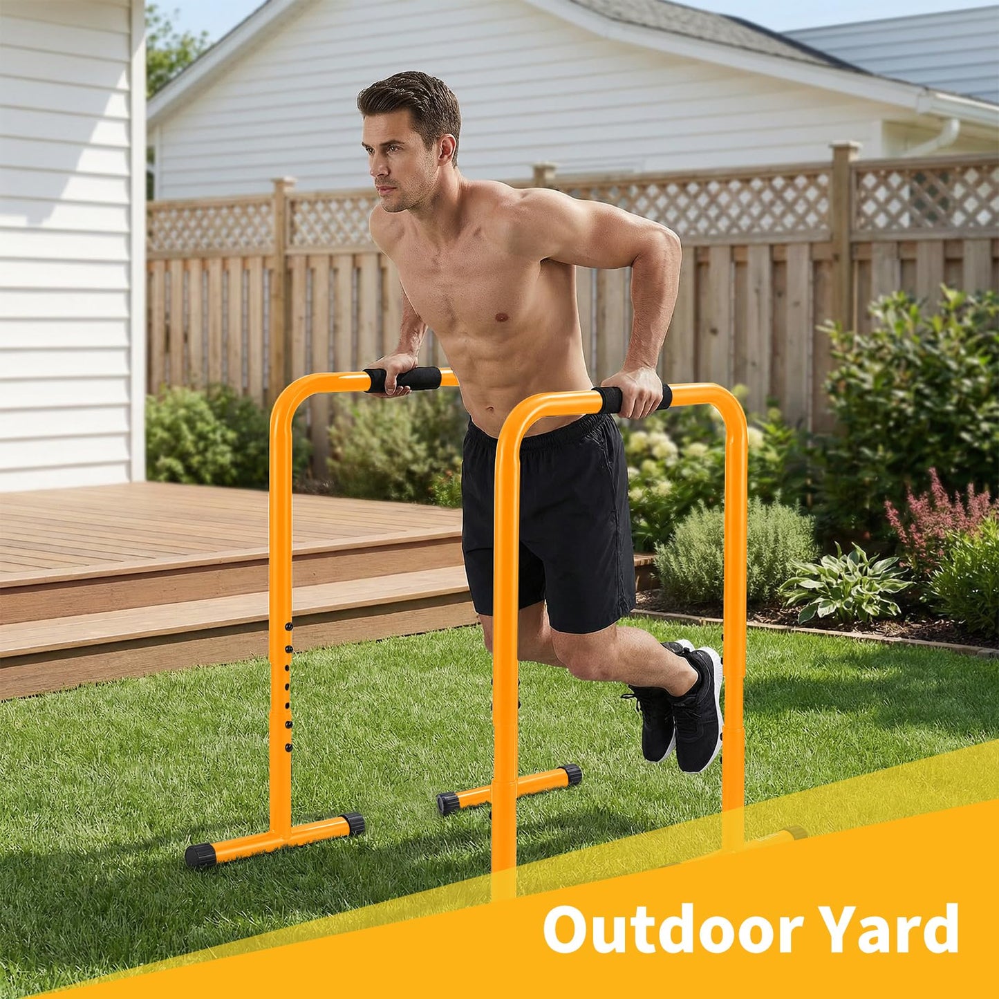 NEWBULIG Dip Bar Station, Adjustable Parallel Parallettes Bar with Soft High-Density Foam Handles, Heavy Duty Dip Stands Workout Equipment for Home, Gym, Patio, Office - Yellow