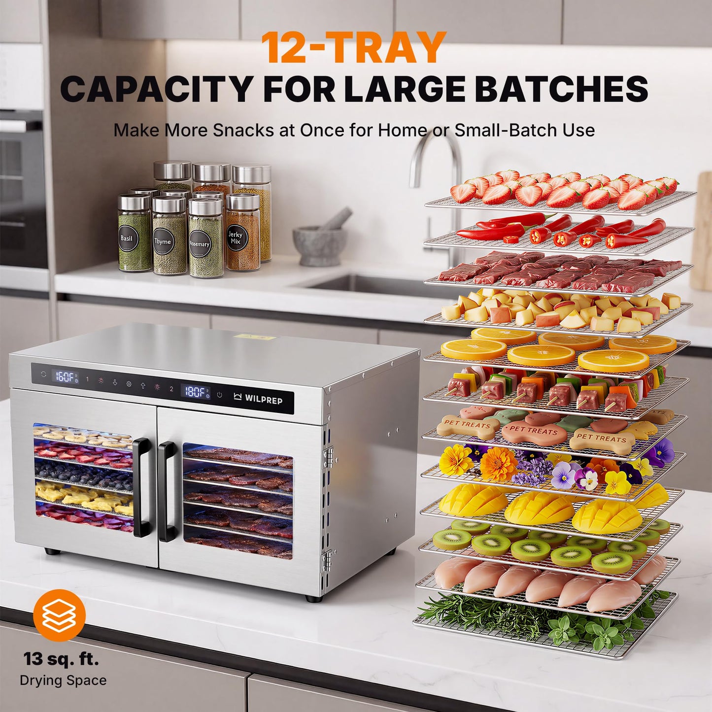 WILPREP Dual-Zone Food Dehydrator for Jerky, 12-Tray, 13 sq ft Food Dryer with Independent Control & 86–185°F Temp Range, Stainless Steel Dehydrator for Homemade Jerky Fruit Herbs Snacks