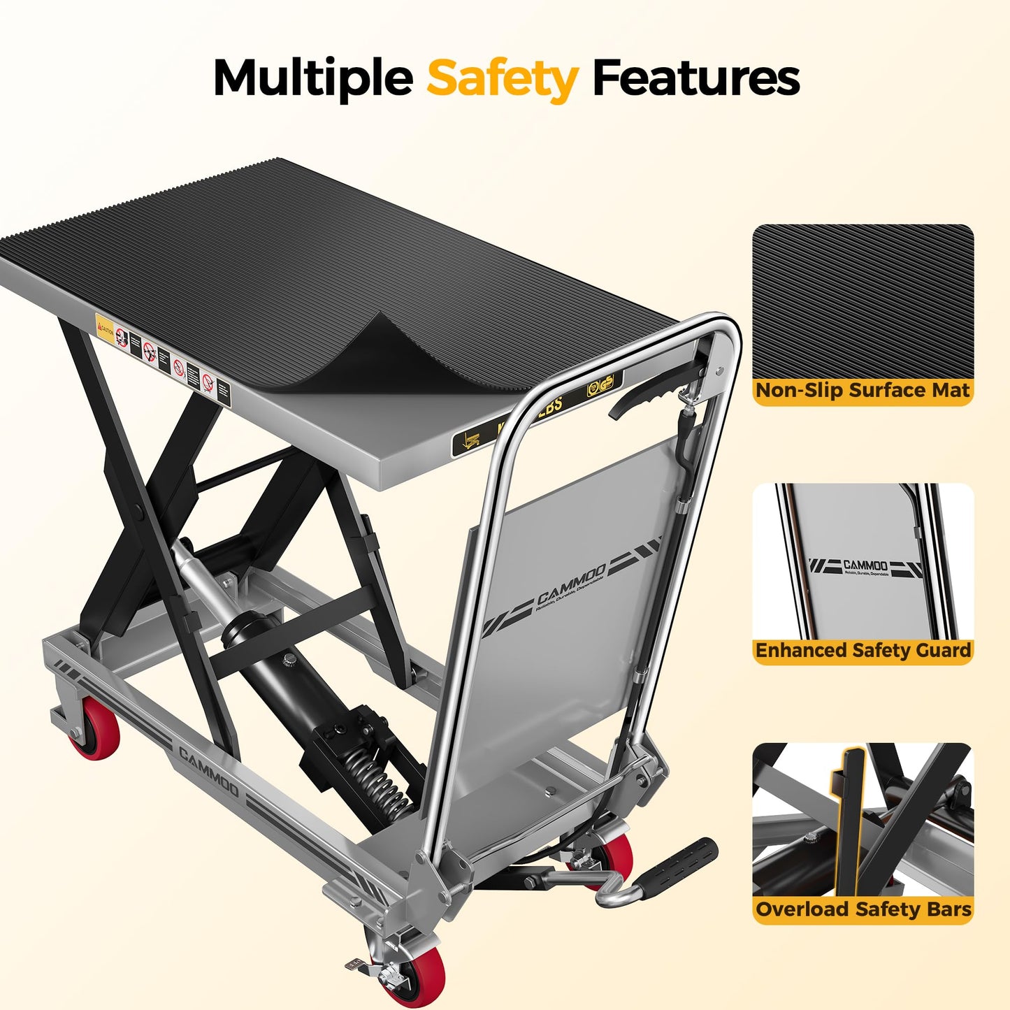 CAMMOO Hydraulic Lift Table Cart, 500lbs Capacity, 28.5" Lifting Height, Single Scissor Lift with Non-Slip Pad & Safety Guard Foldable Handle for Material Handling and Transportation, Gray