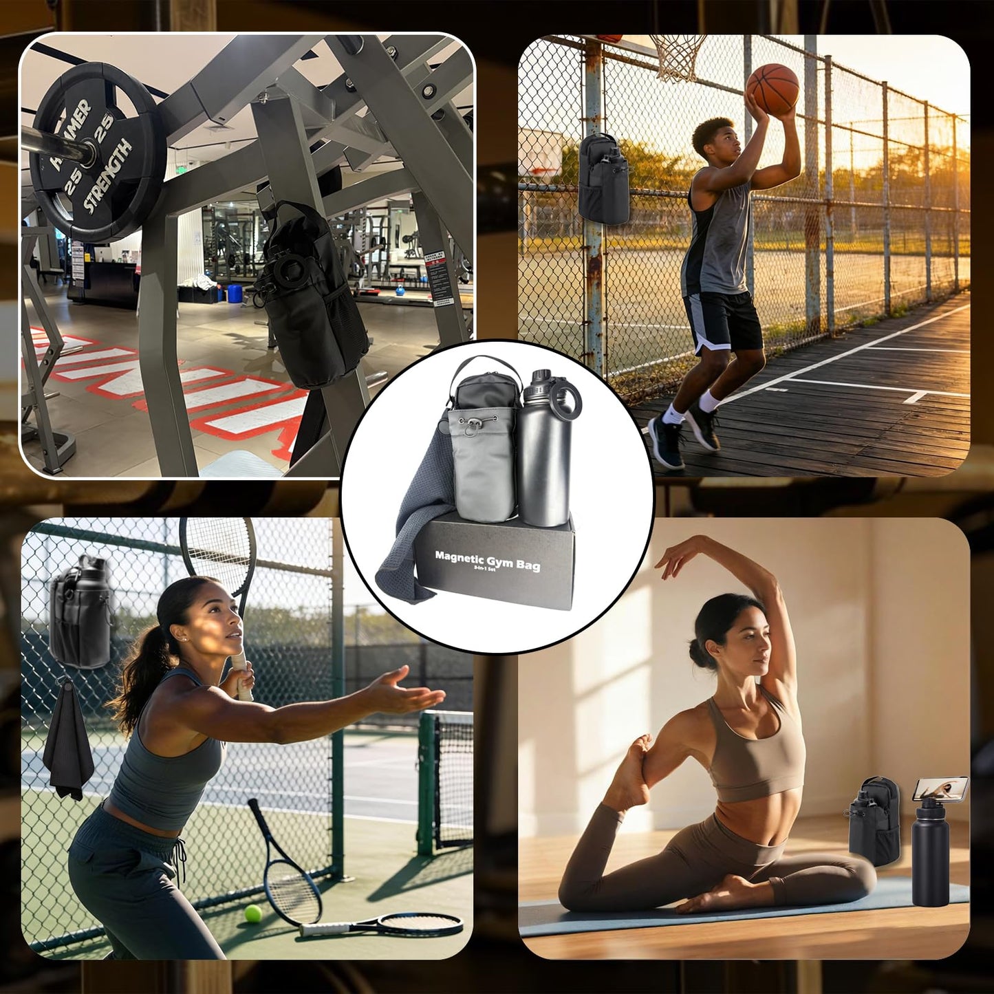 Magnetic Gym Bag Bundle 3-in-1: Sling Bag with 32oz Water Bottle & Phone Holder, Magnetic Towel & Pouch – Small Gym Bag for Men Women