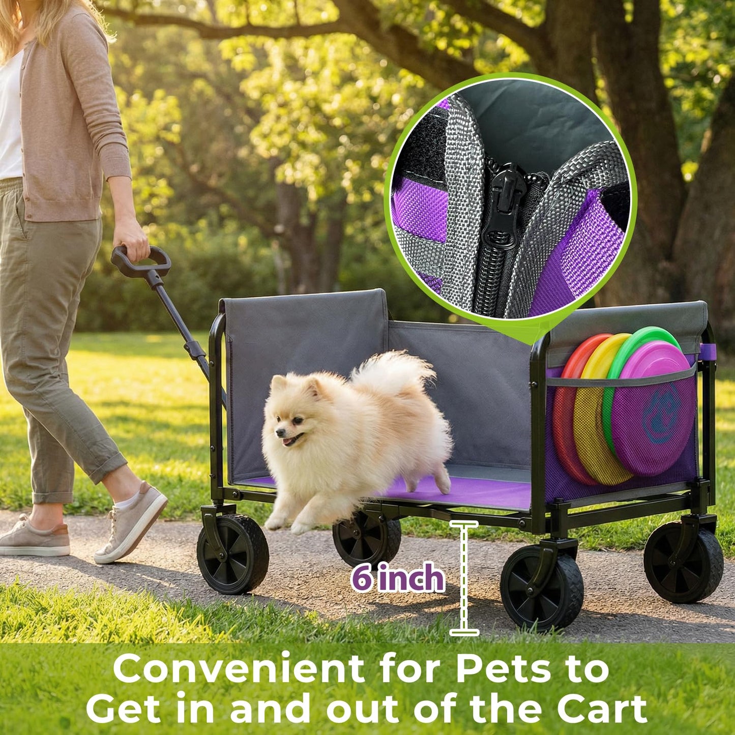 Aimnny Wagons Carts Foldable, Lightweight Collapsible Utility Wagon-220LBS Capacity One-Side Full Zipper, Side Load No Lifting for Light Camping, Grocery, Shopping, Sports & Apartment Moving (Purple)